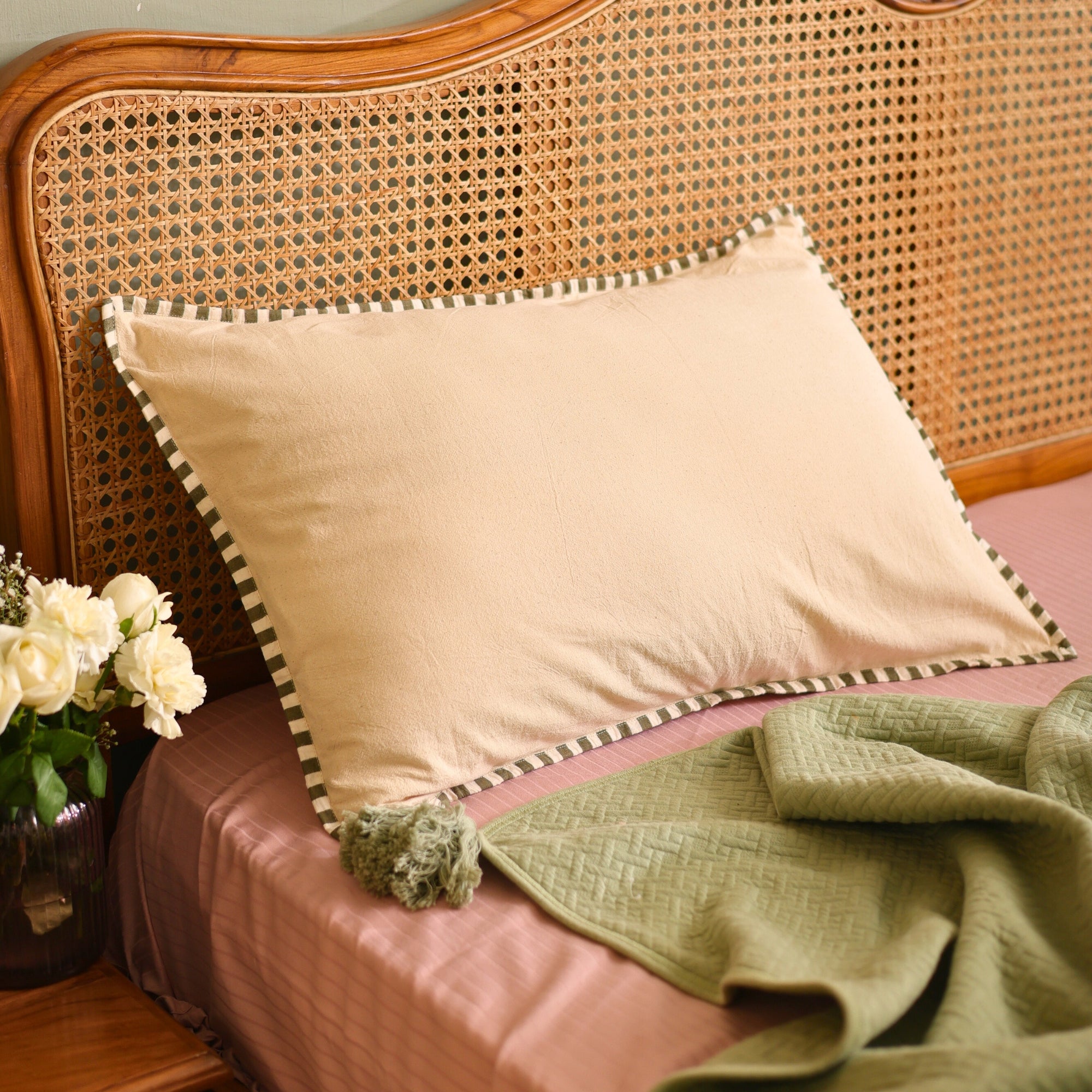 Handcrafted Beige Cotton Pillow Cover with Deep Green Striped Detailing