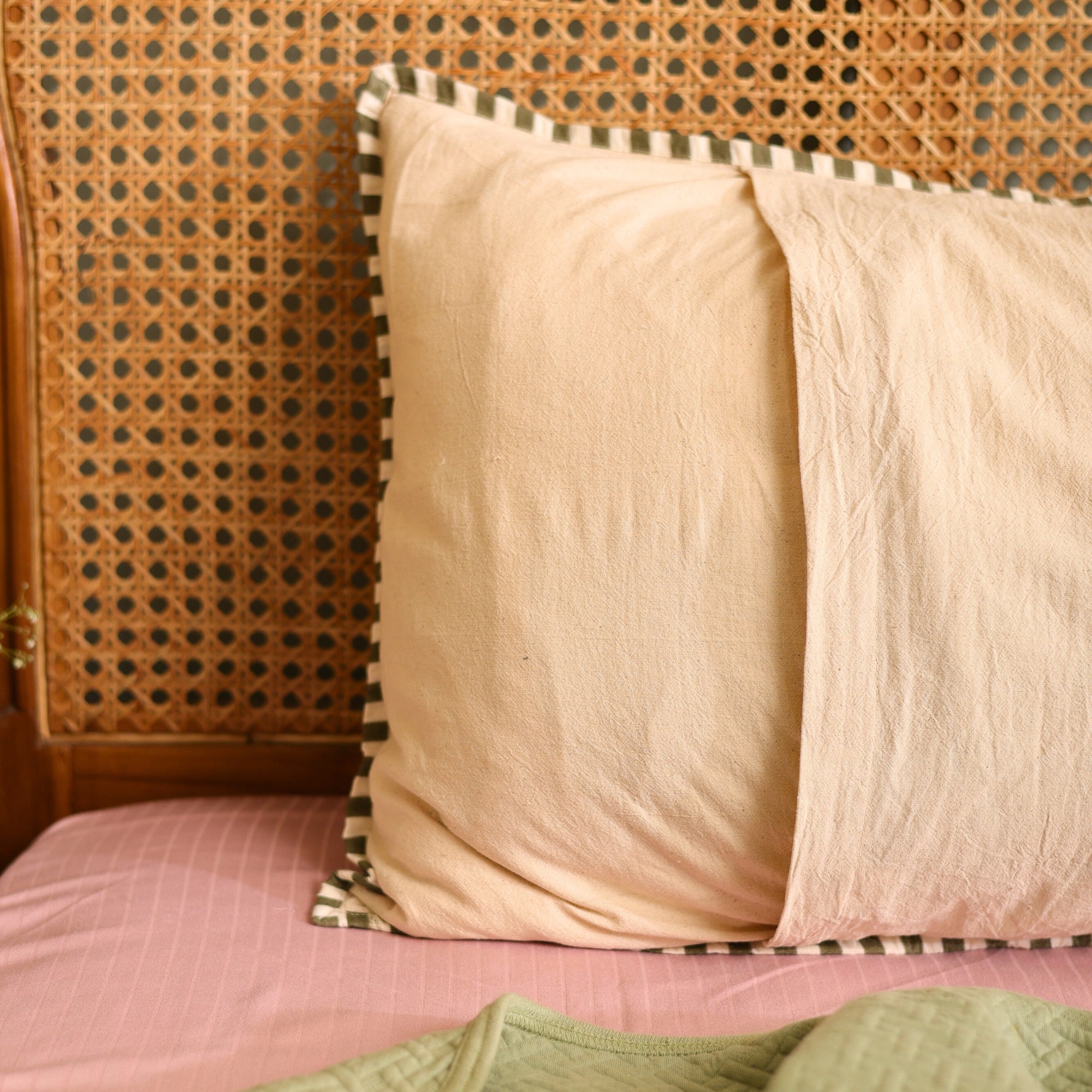 Handcrafted Beige Cotton Pillow Cover with Deep Green Striped Detailing