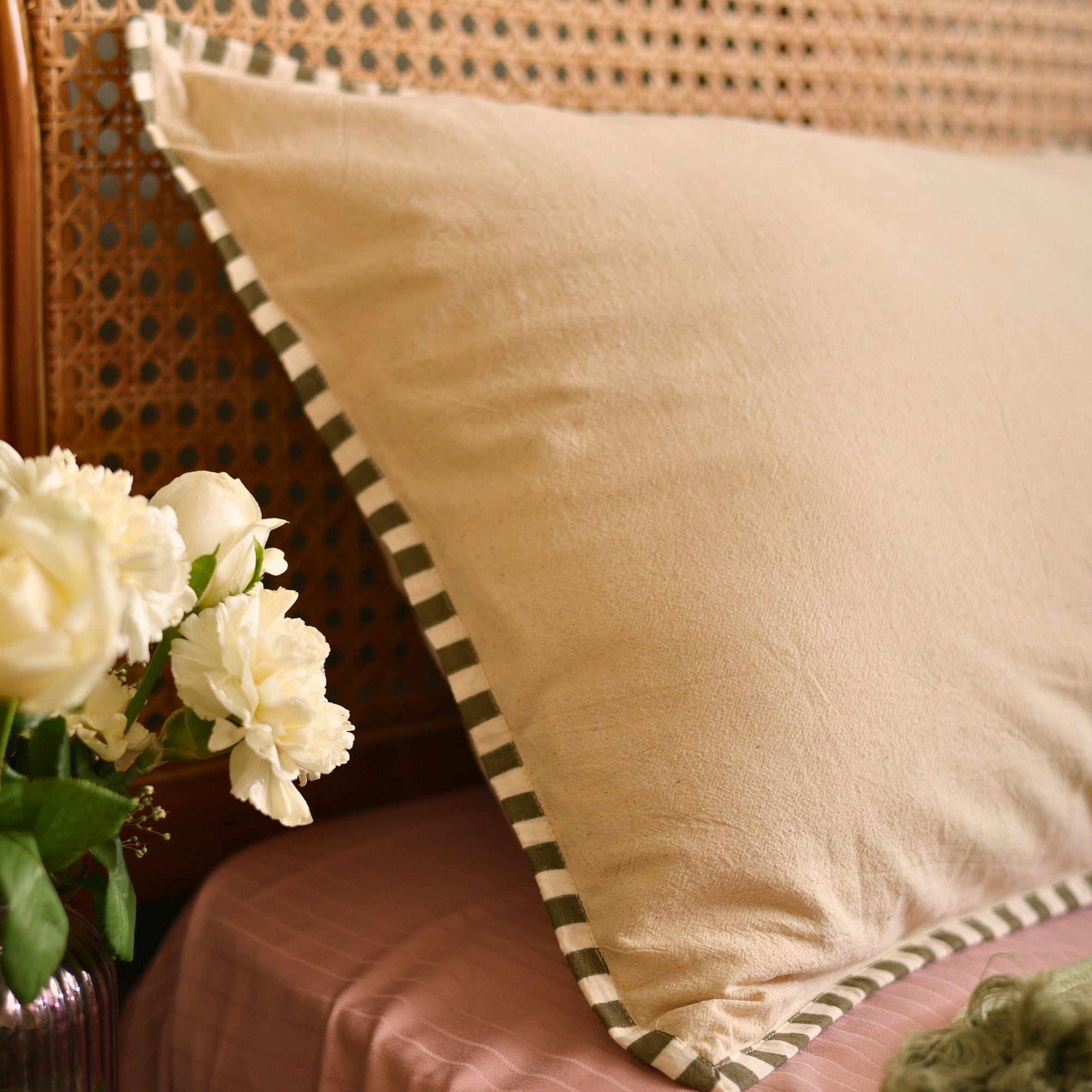 Handcrafted Beige Cotton Pillow Cover with Deep Green Striped Detailing