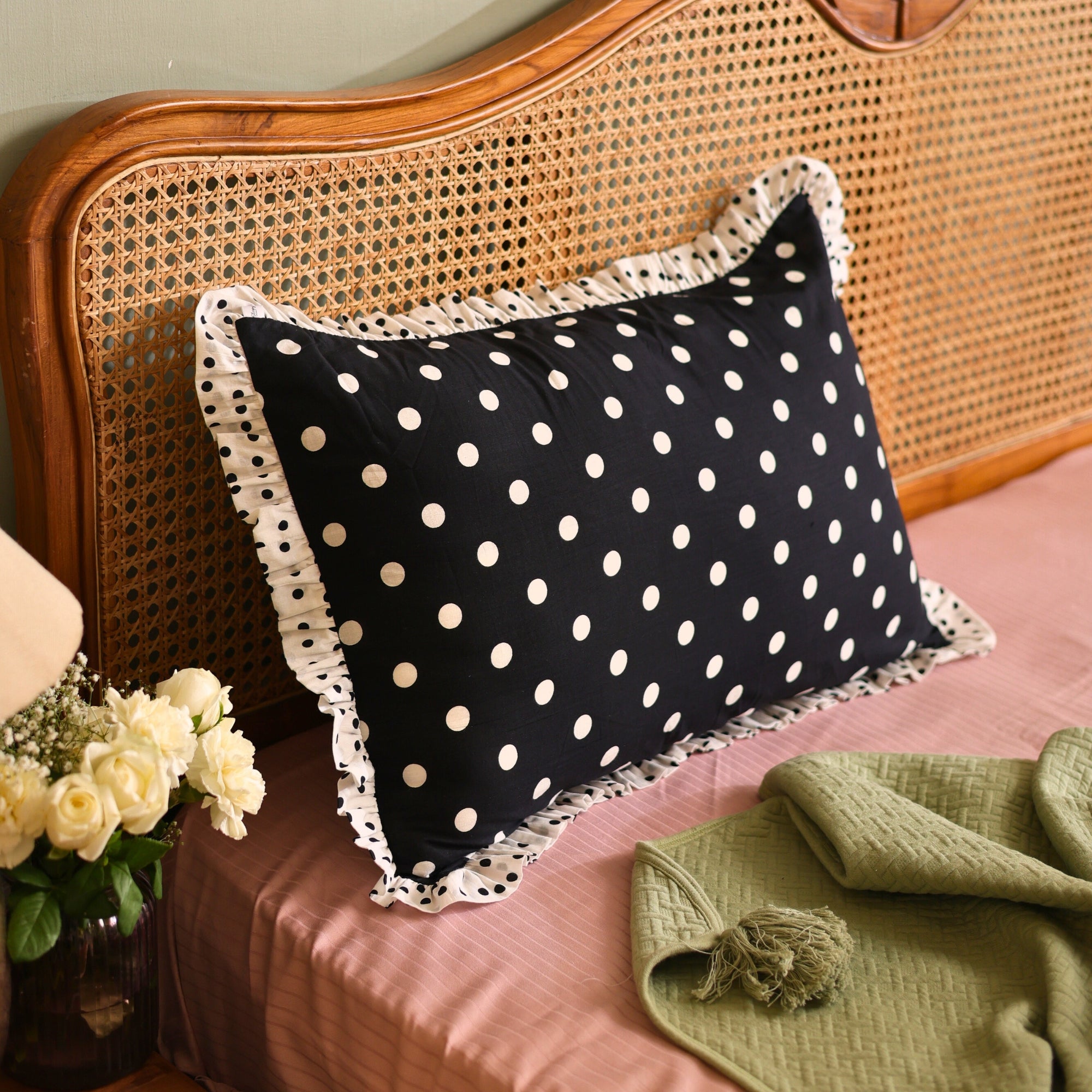 Retro Black & White Polka Dot Pillow Cover with Ruffled Edges