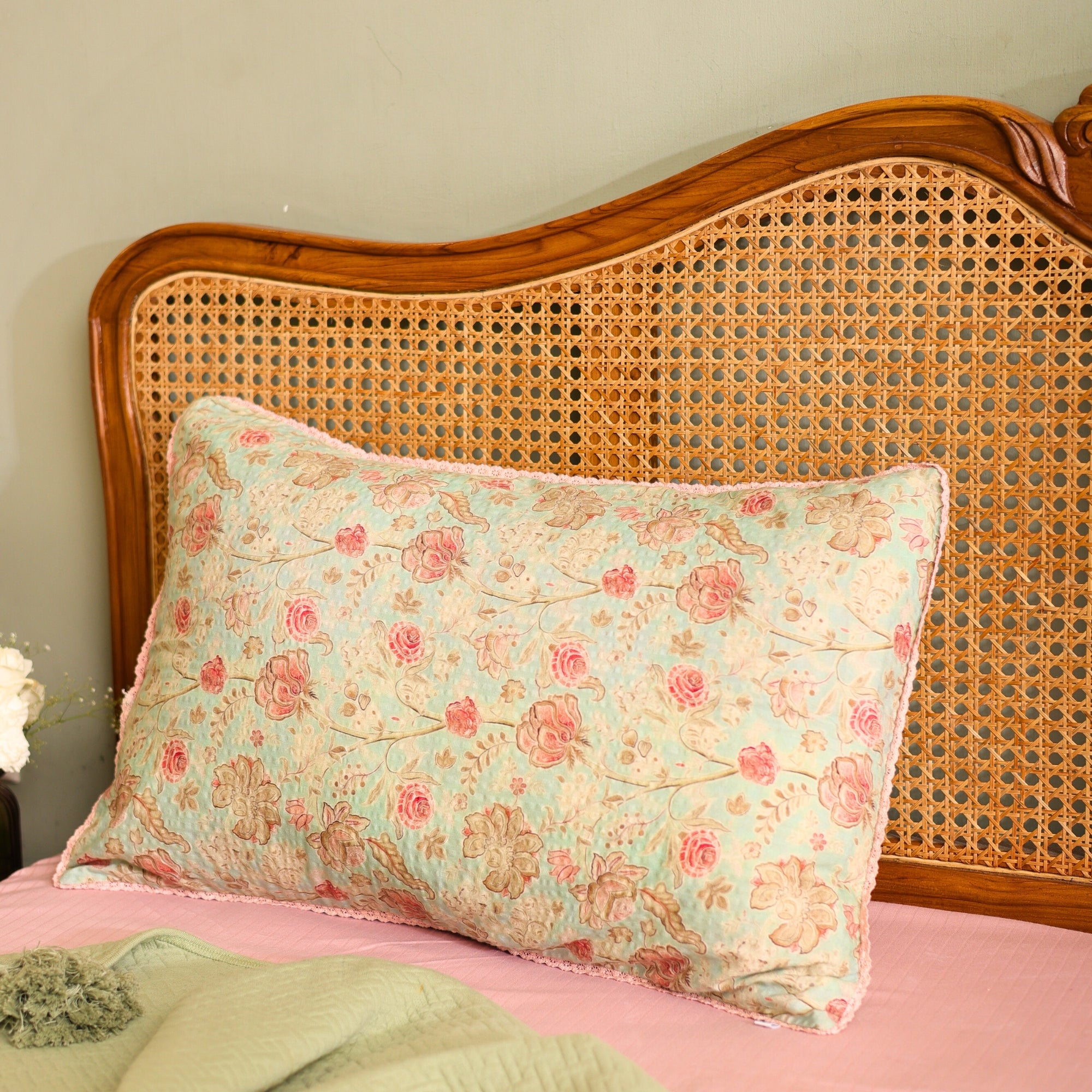 Vintage Rose Floral Pillow Cover in Soft Pastel Green with Lace insert