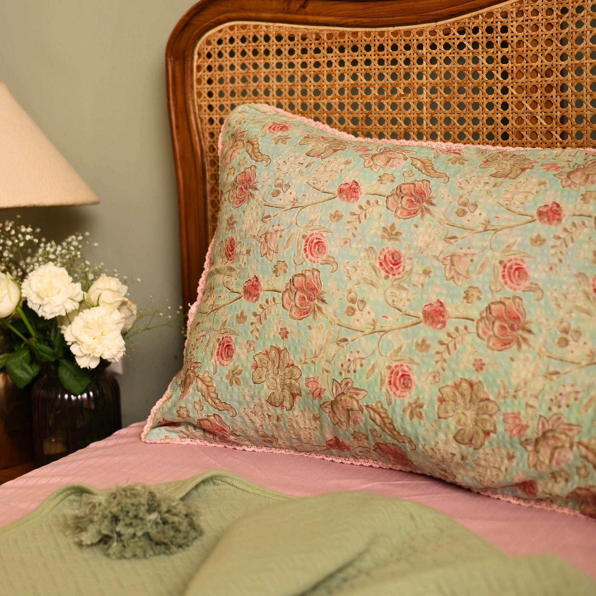 Vintage Rose Floral Pillow Cover in Soft Pastel Green with Lace insert