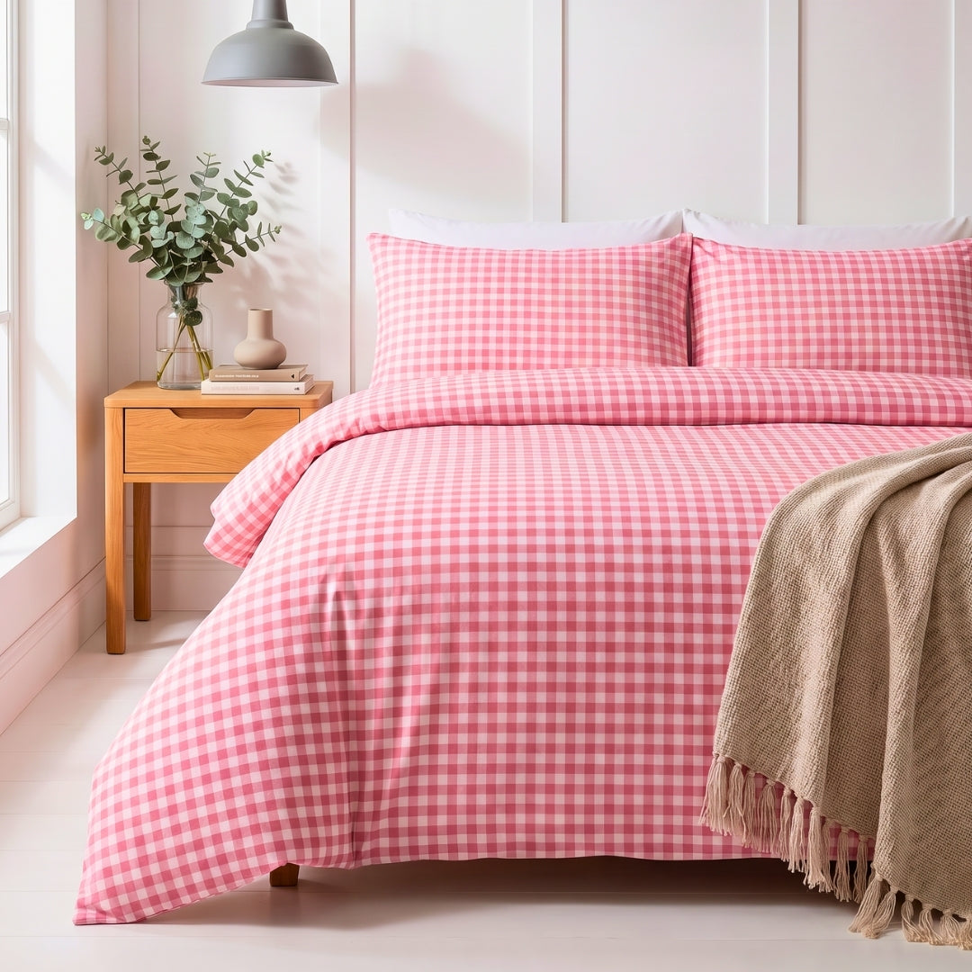 Bedsheet for Double Bed, Pink & White Gingham Checkered Queen Size