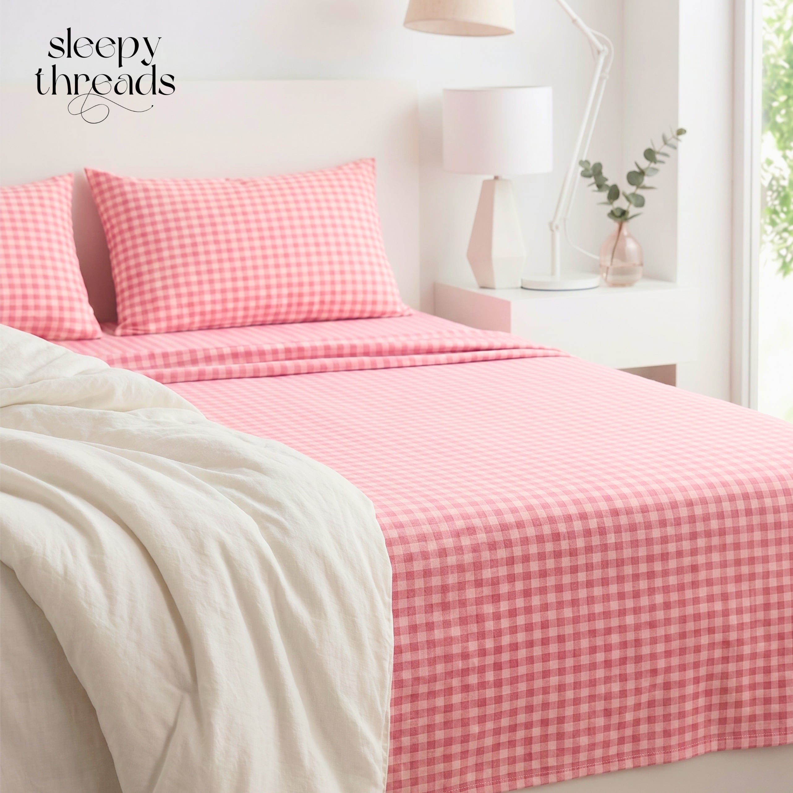 Bedsheet for Double Bed, Pink & White Gingham Checkered