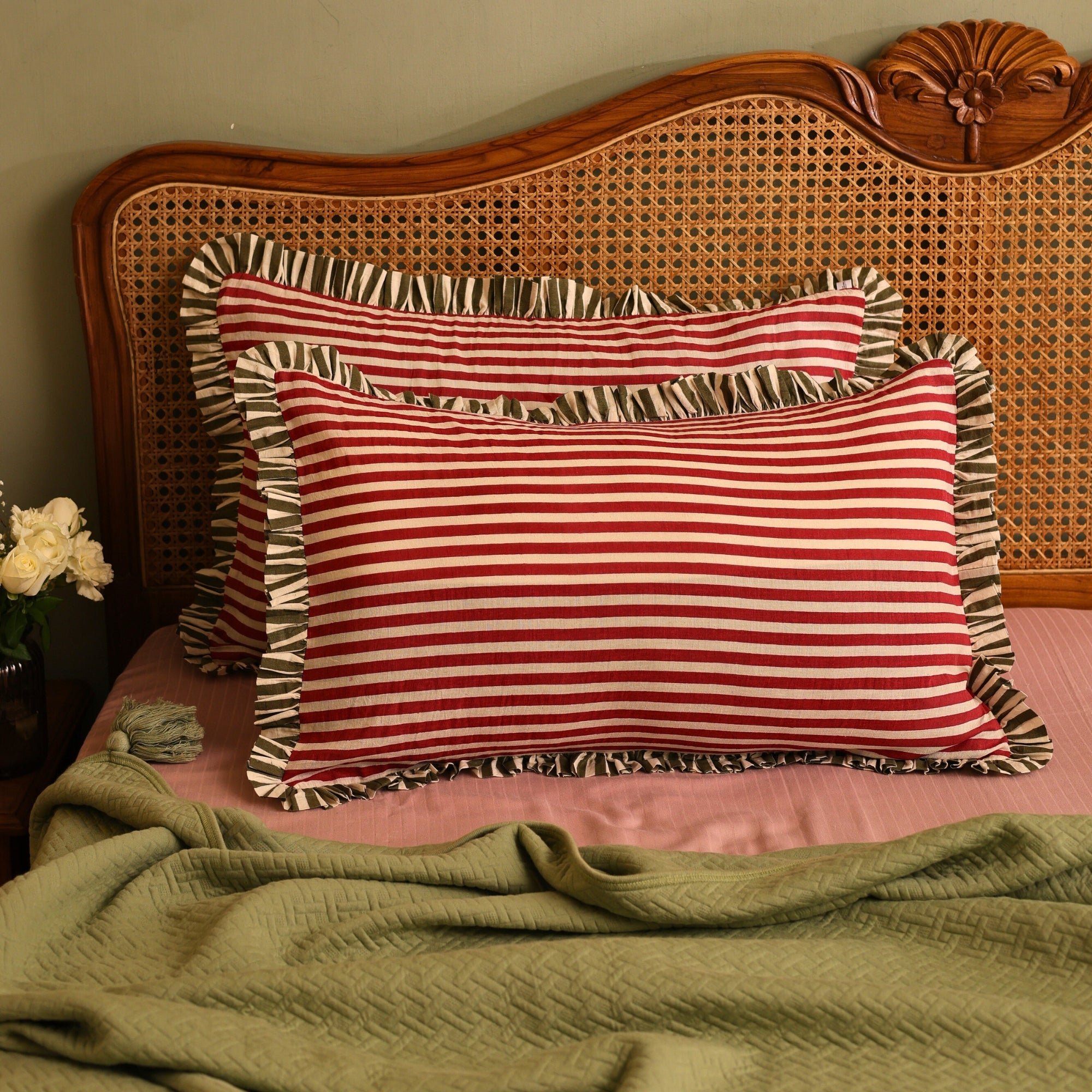 Block Printed striped ruffled pillow cover