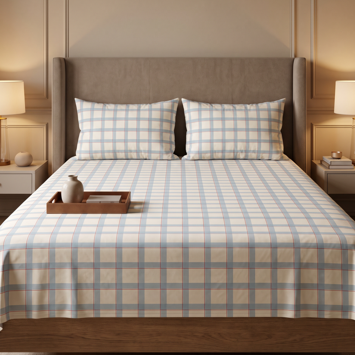 Blue Checkered 300 TC Cotton Bedsheet