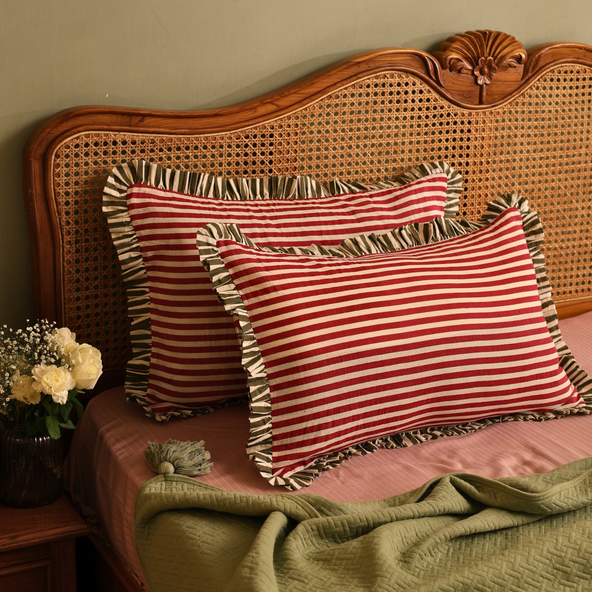 Block Printed striped ruffled pillow cover