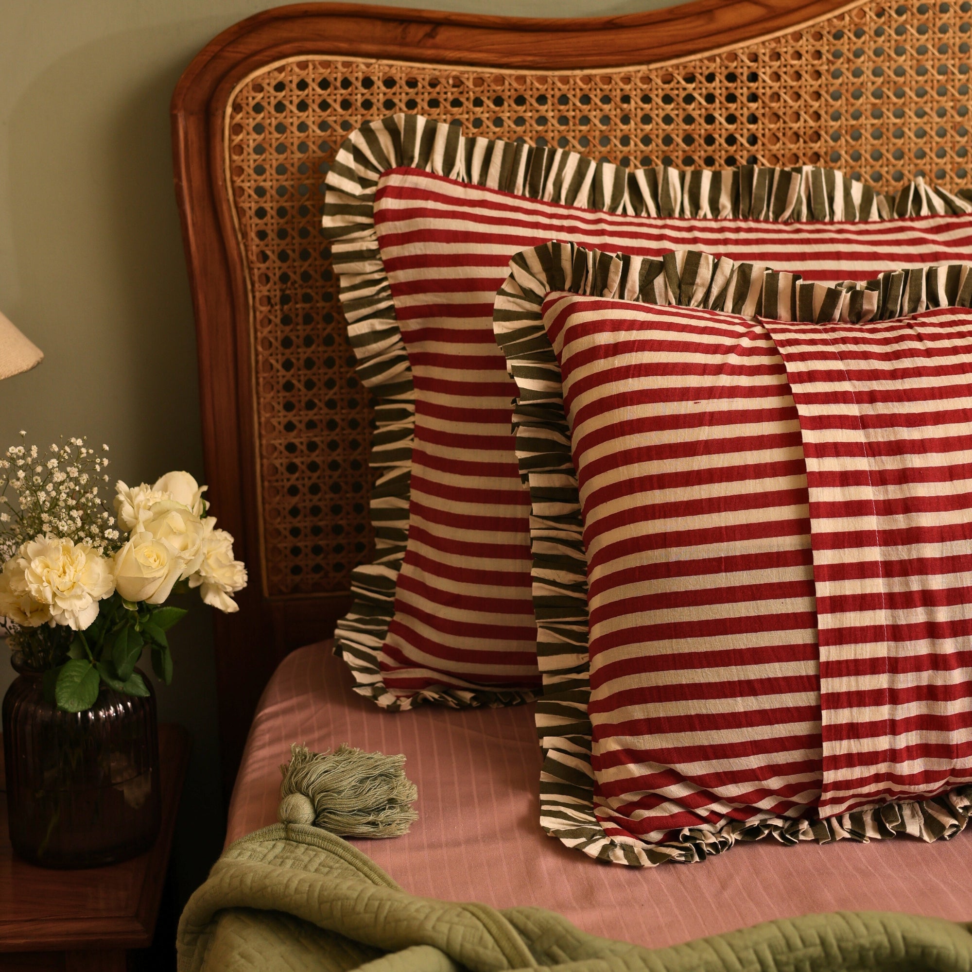 Block Printed striped ruffled pillow cover
