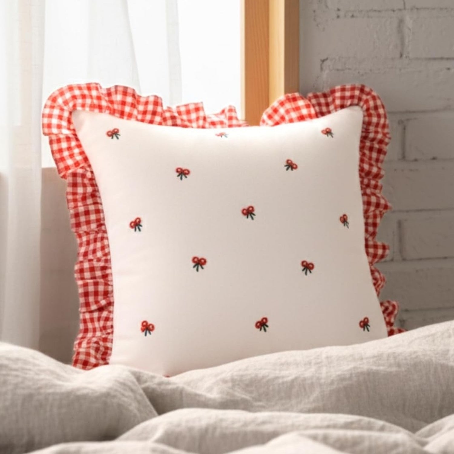 Gingham Ruffle Hand Embroidered Cushion Cover