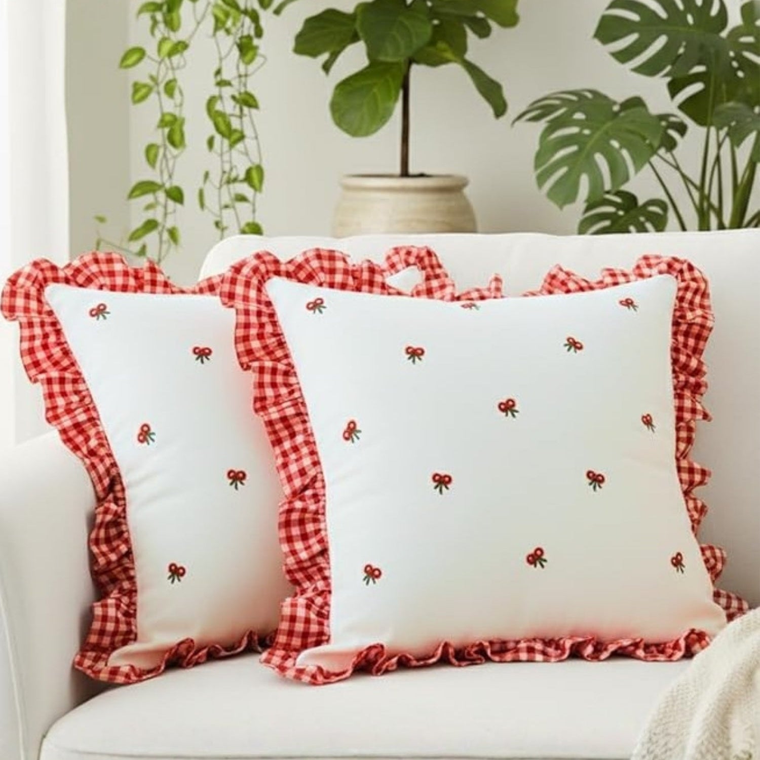 Gingham Ruffle Hand Embroidered Cushion Cover