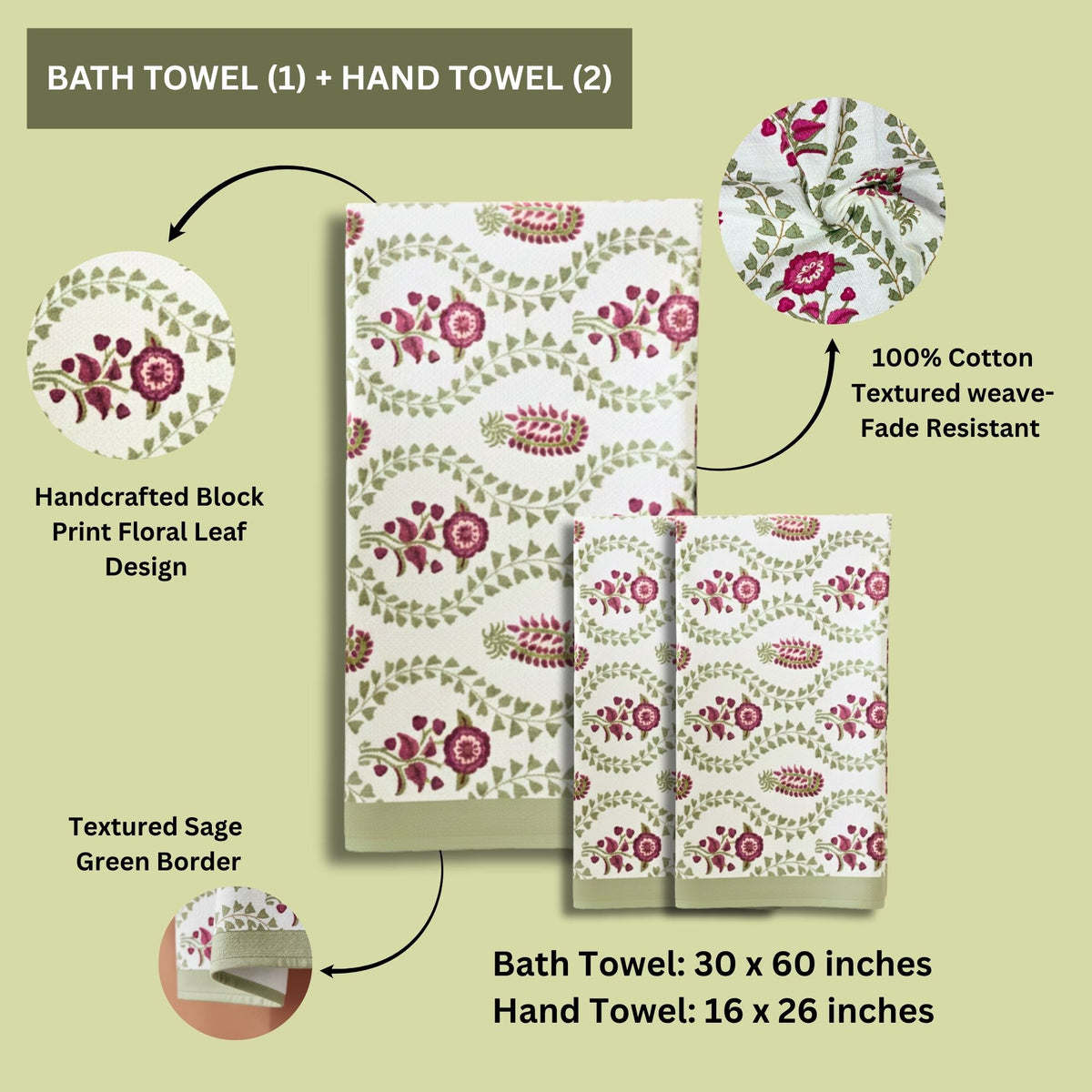 Waffle Weave Towel Set | Screen Print Hot Pink & Green Floral | Super Absorbent Bath Towel 2 Hand Towels