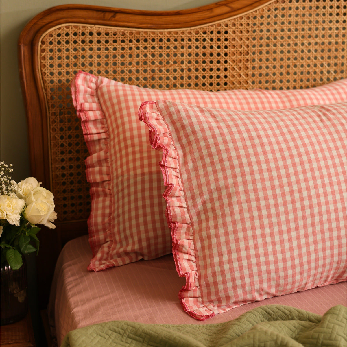 Bedsheet for Double Bed, Pink & White Gingham Checkered Queen Size