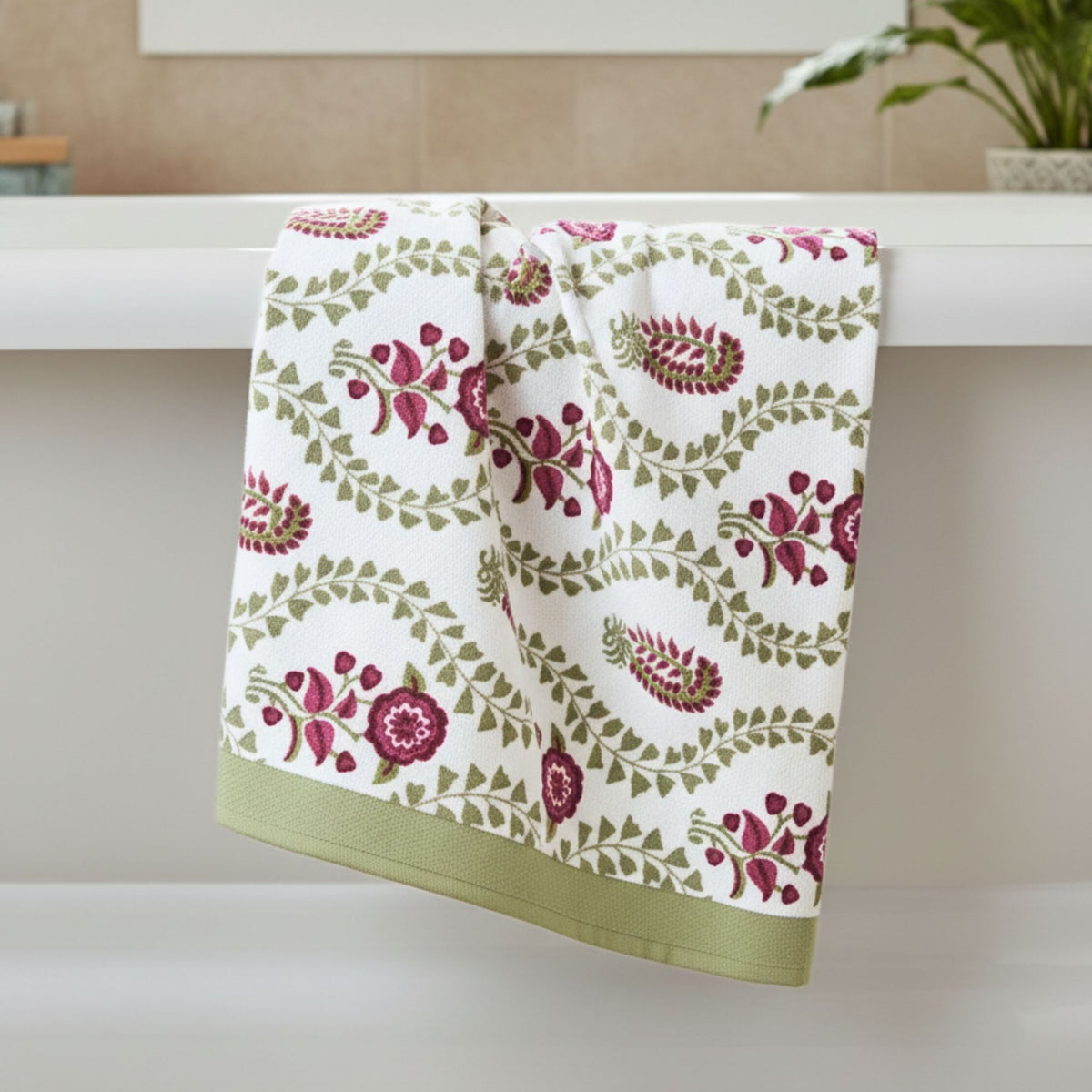 Waffle Weave Towel Set | Screen Print Hot Pink & Green Floral | Super Absorbent Bath Towel 2 Hand Towels