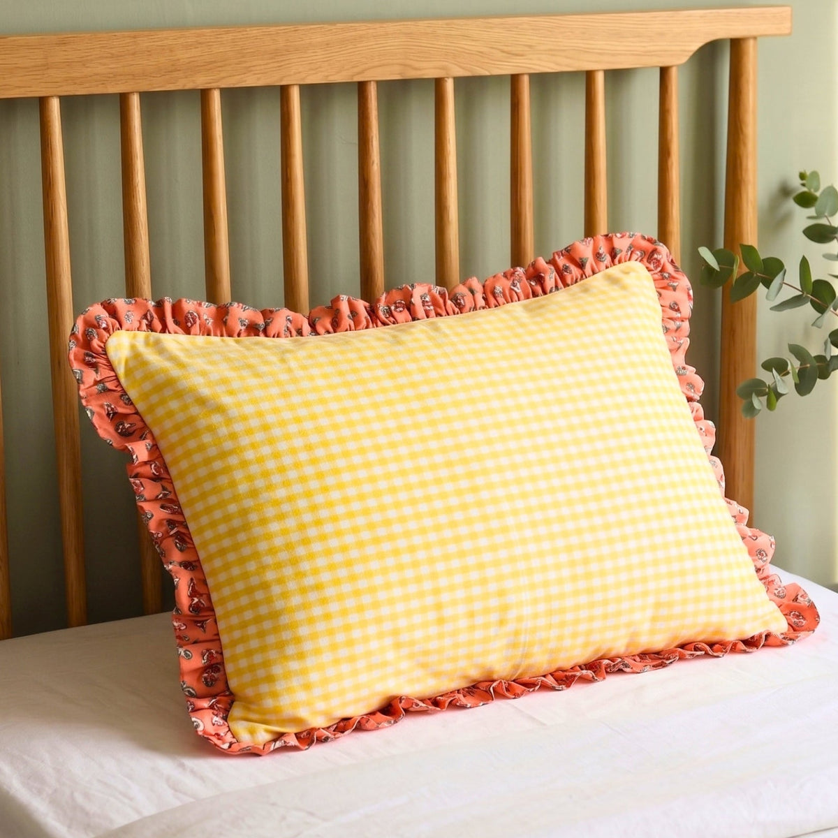 Yellow Checkered Block Print Pillow Cover with Ruffles