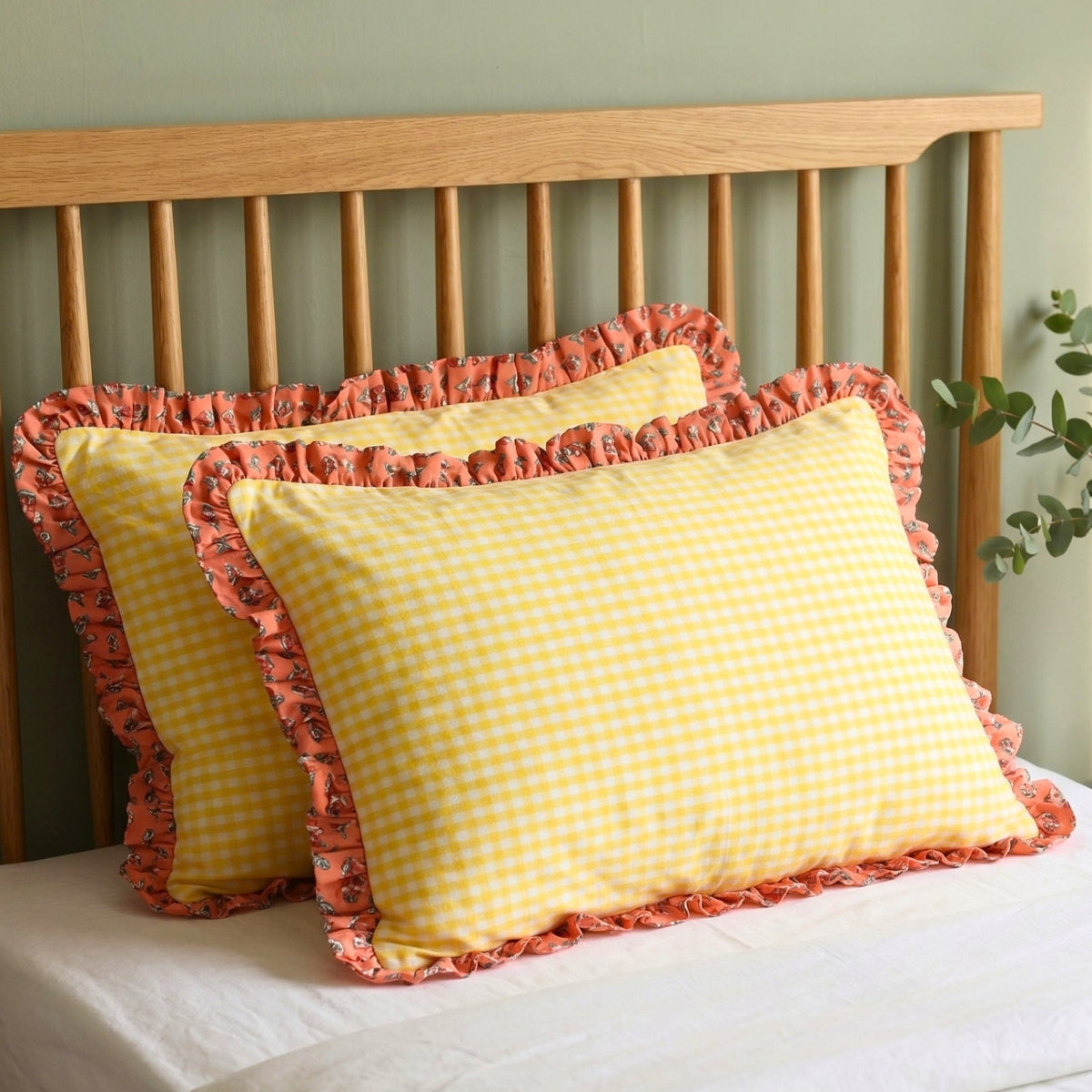 Yellow Checkered Block Print Pillow Cover with Ruffles