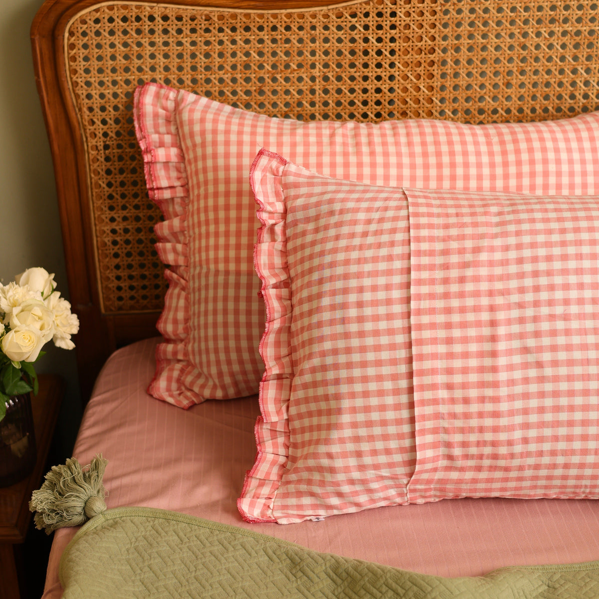 Bedsheet for Double Bed, Pink & White Gingham Checkered Queen Size