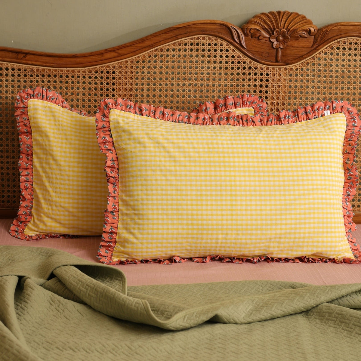 Yellow Checkered Block Print Pillow Cover with Ruffles