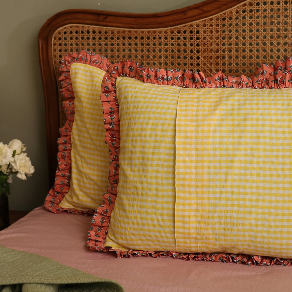 Yellow Checkered Block Print Pillow Cover with Ruffles