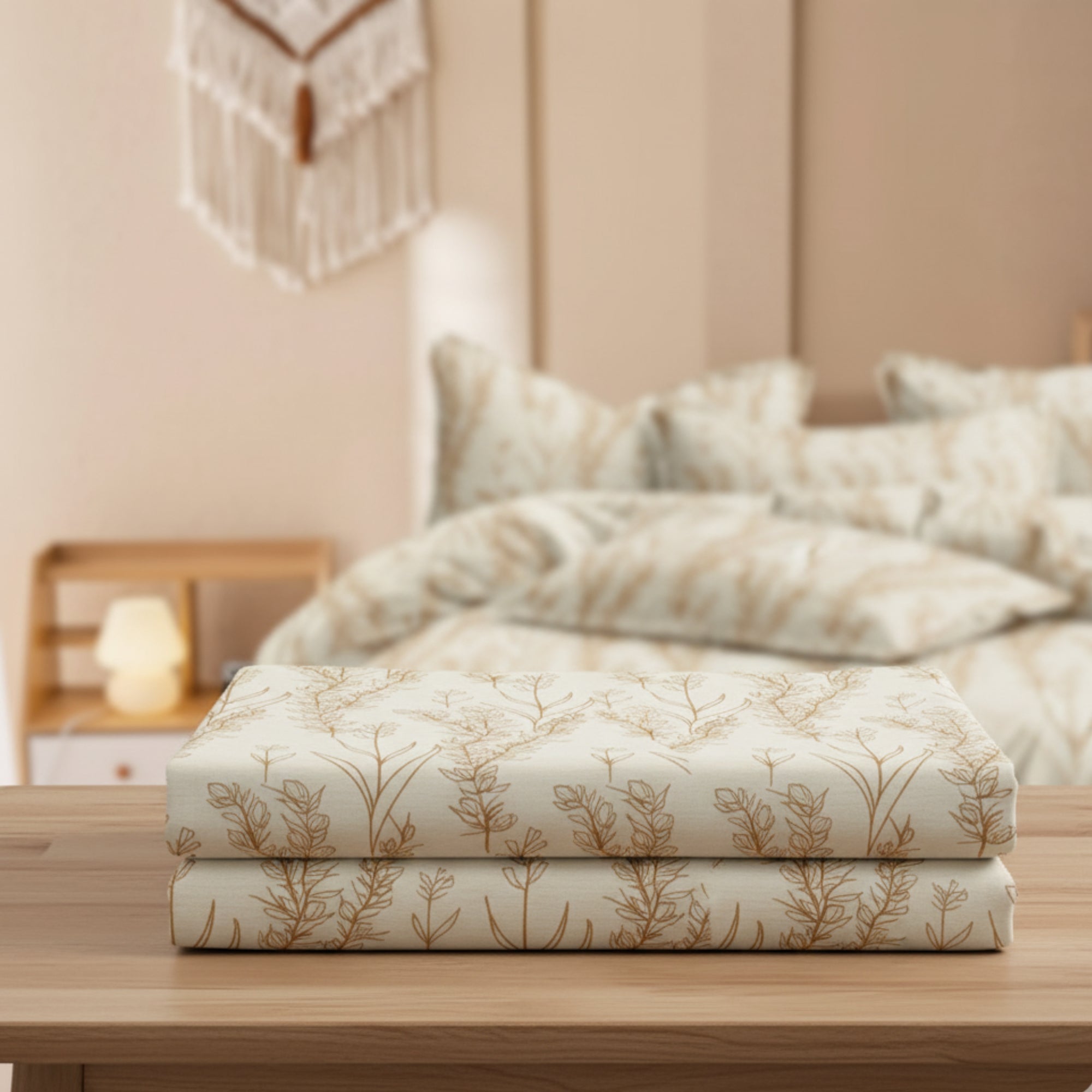 Cotton King Size Bedsheet Light Beige Bedsheet with Golden Brown Leaf Print – Soft & Breathable Double BedSheet