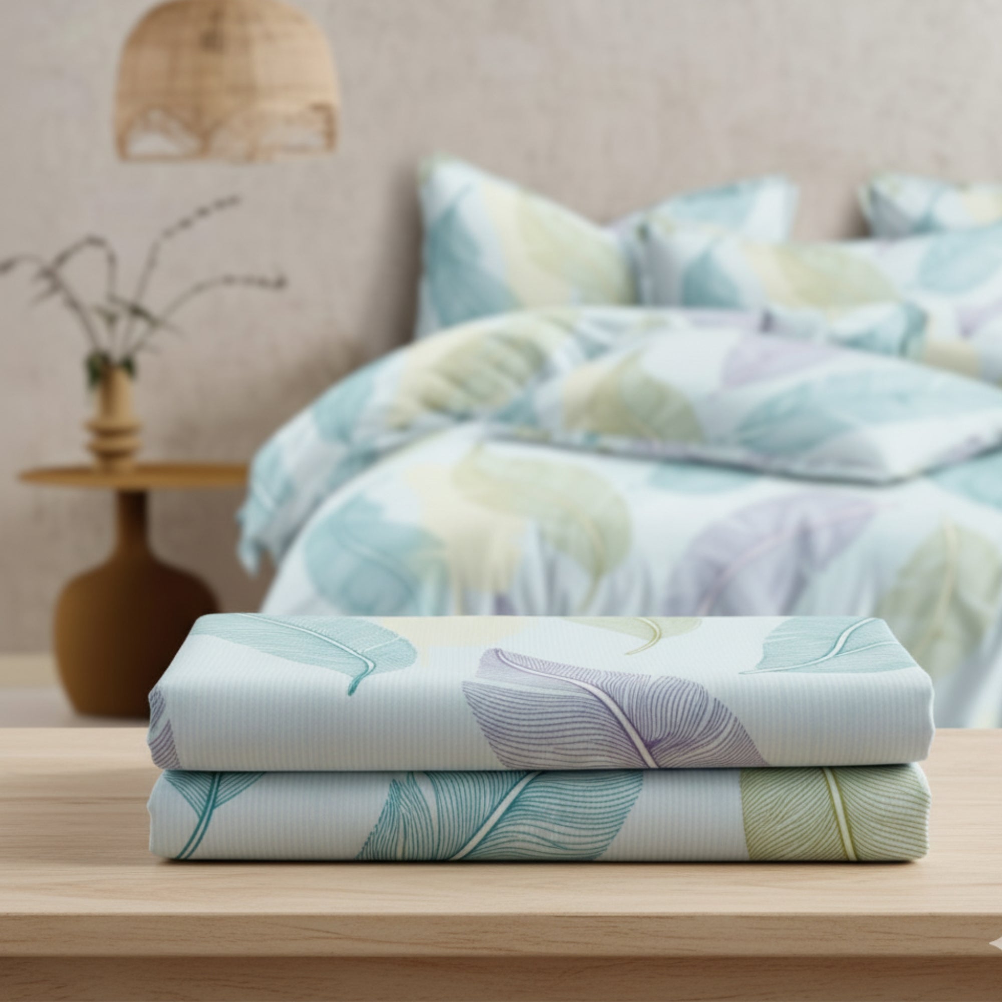 Bedsheet for Double Bed King Size Blue, Green & Purple Leaf Print.