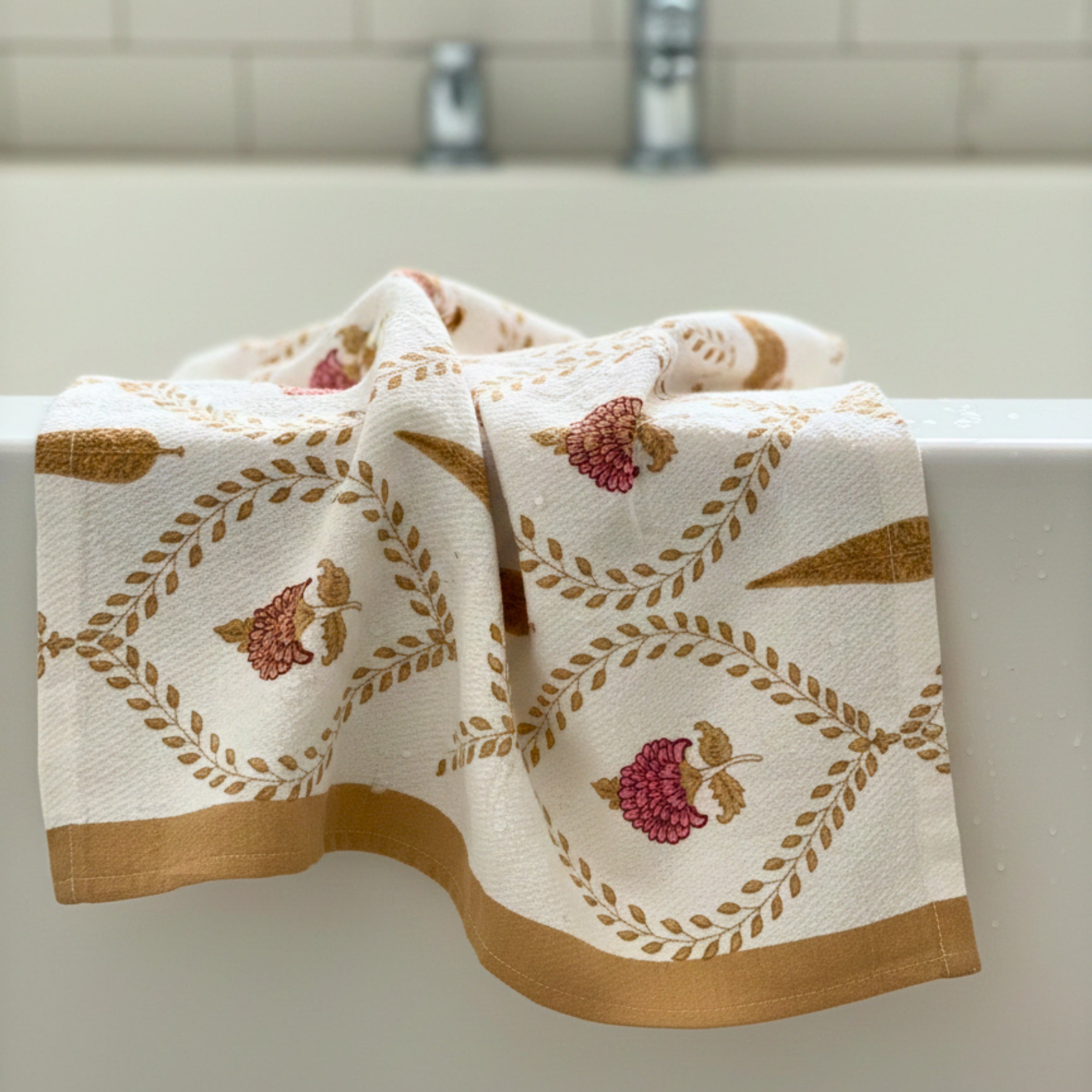 Waffle Weave Towel Set | Screen Print Coral Floral & Gold Lattice | Super Absorbent Bath Towel 60x30 + 2 Hand Towels