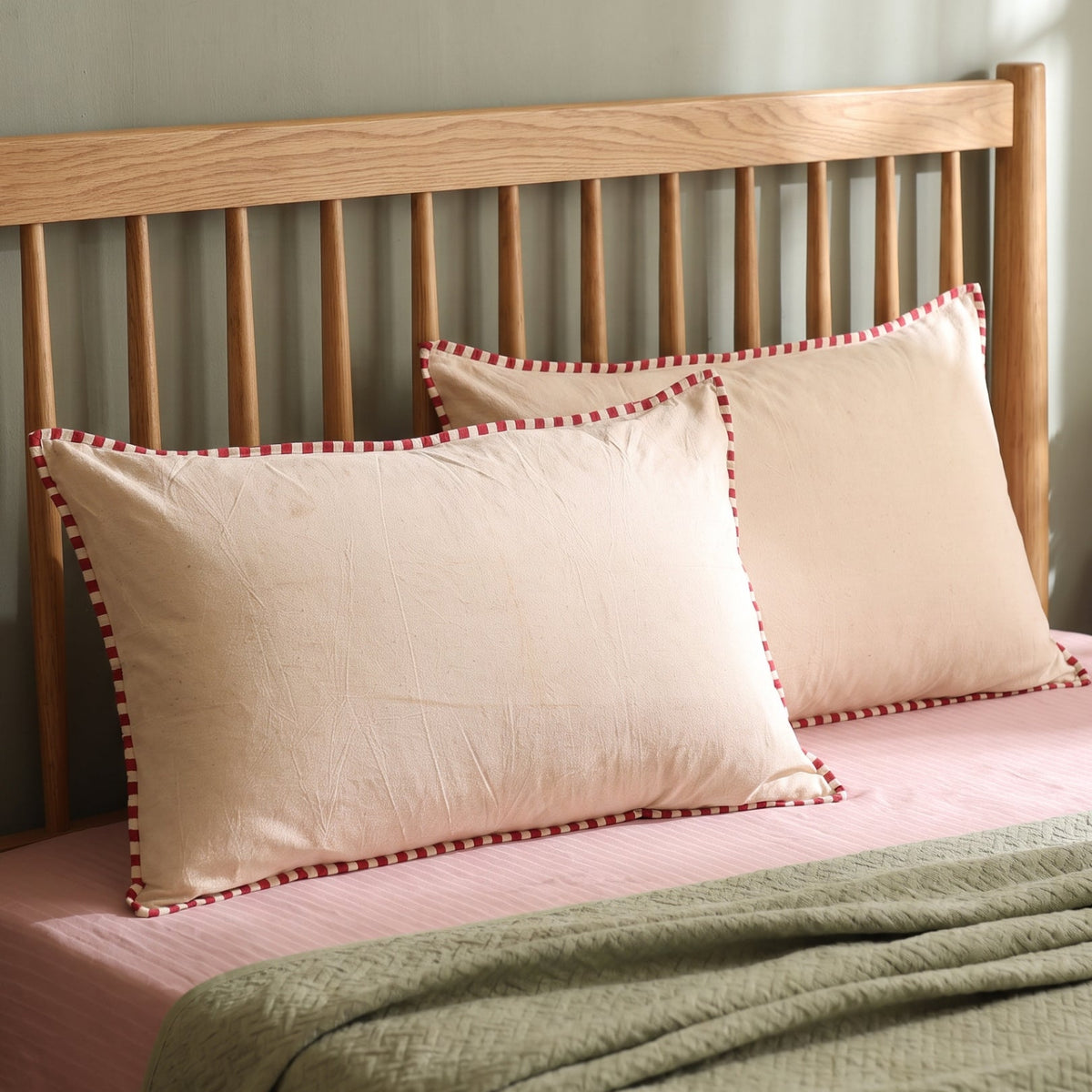 Handcrafted Beige Cotton Pillow Cover with Red Striped Detailing