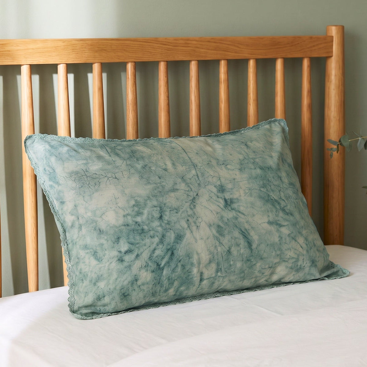 Brook Green Batik Pillow Covers with Lace insert