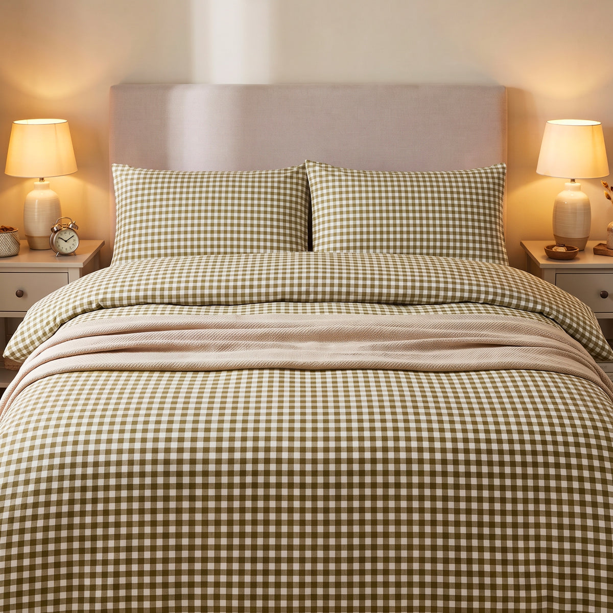 Olive Gingham Bloom 280 TC 100% Cotton Bedsheet With Duvet and 4 Pillow Covers