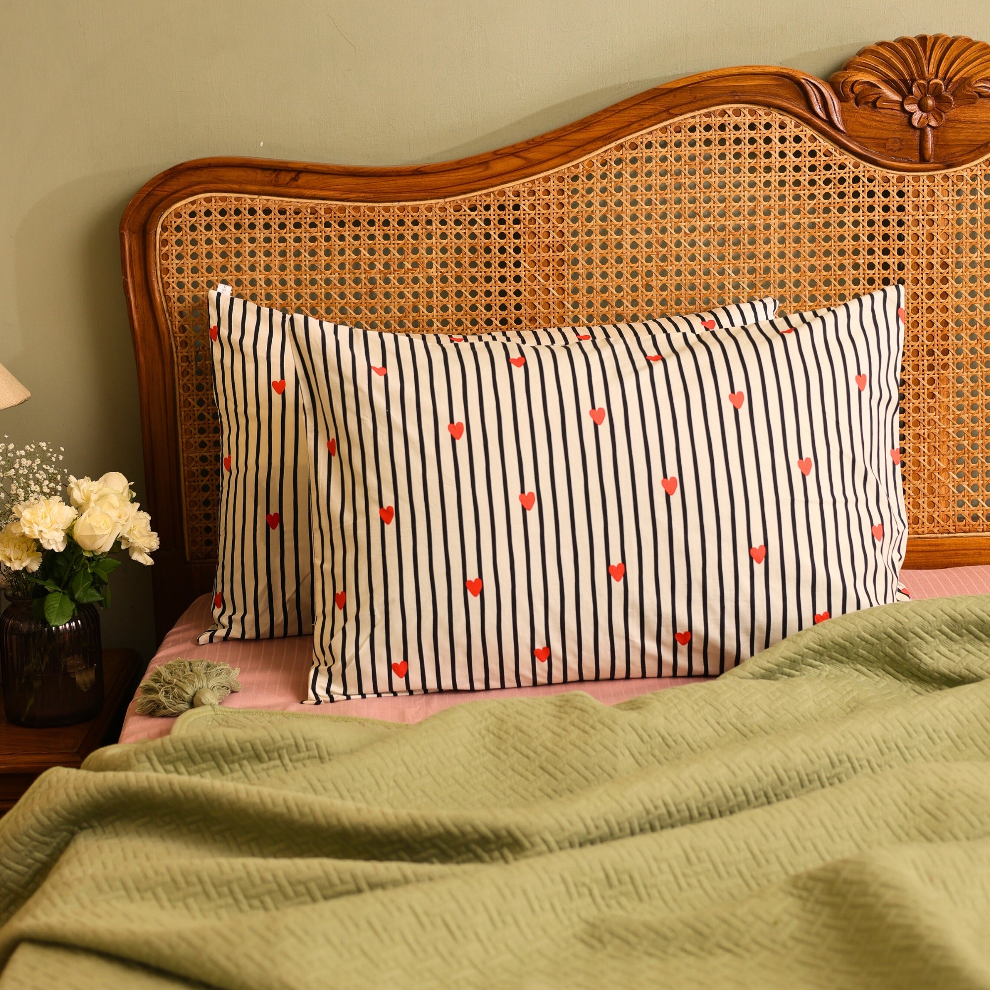 Striped Red Heart Printed Cotton Pillow Cover