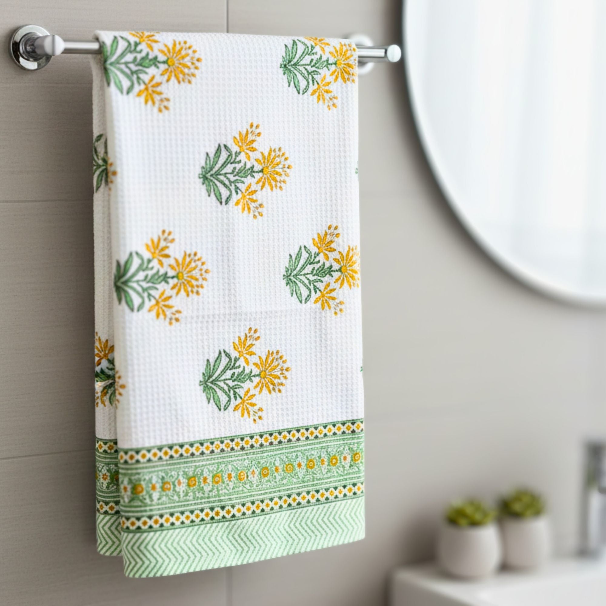 Waffle Weave Cotton Bath Towel Hand Block Printed Yellow Marigold & Green Floral | Super Absorbent, Soft & Quick Dry Bath