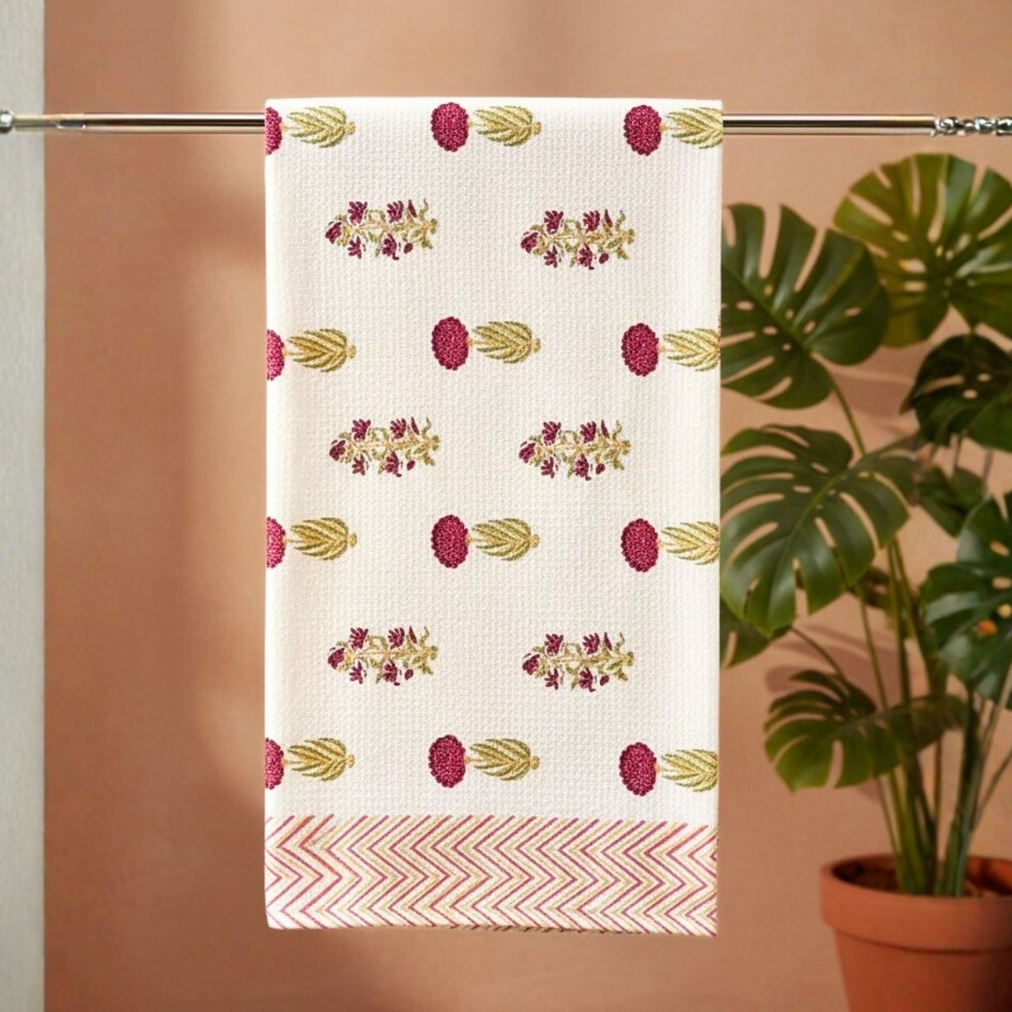 Waffle Weave Cotton Bath Towel | Hand Block Printed Pink & Gold Chevron Motif | Super Absorbent, Soft & Quick Dry Towel