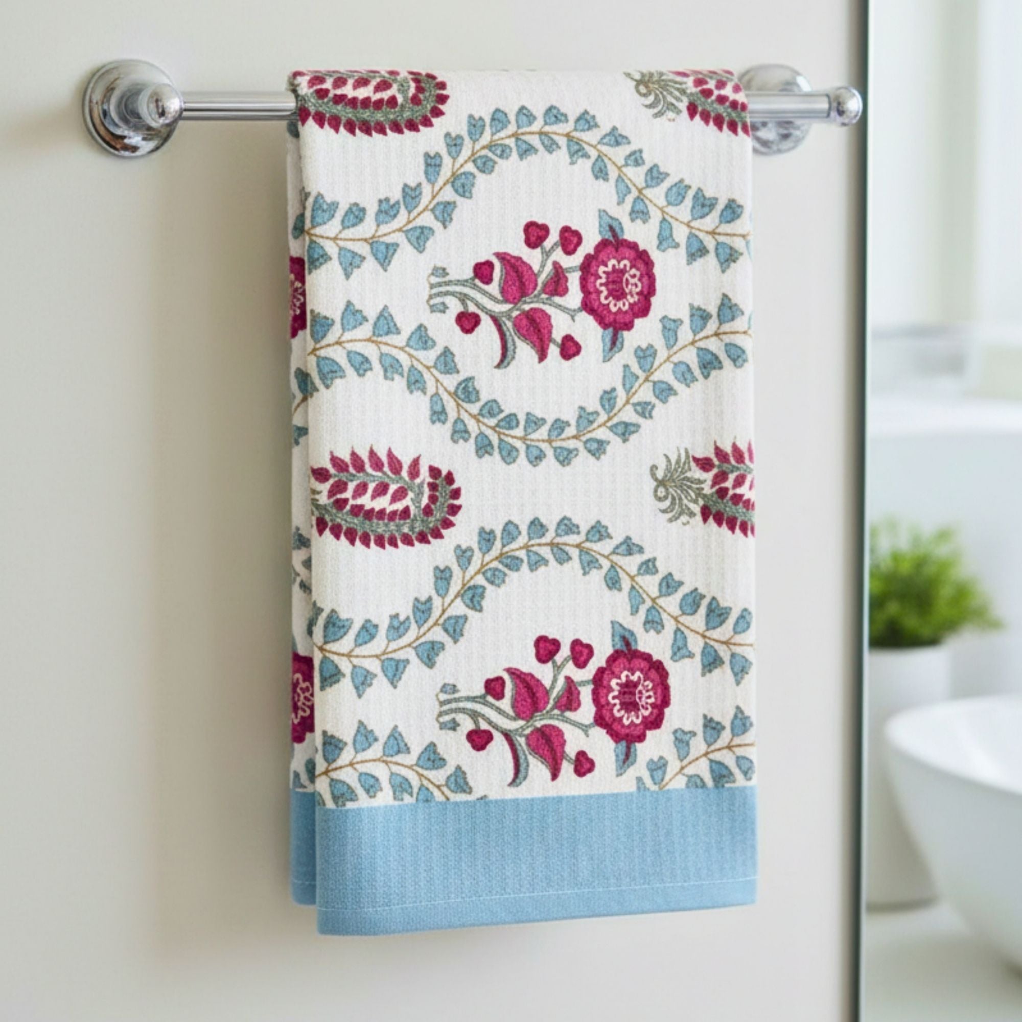 Waffle Weave Towel Set | Screen Print Hot Pink & Sky Blue Floral | Super Absorbent Bath Towel 2 Hand Towels