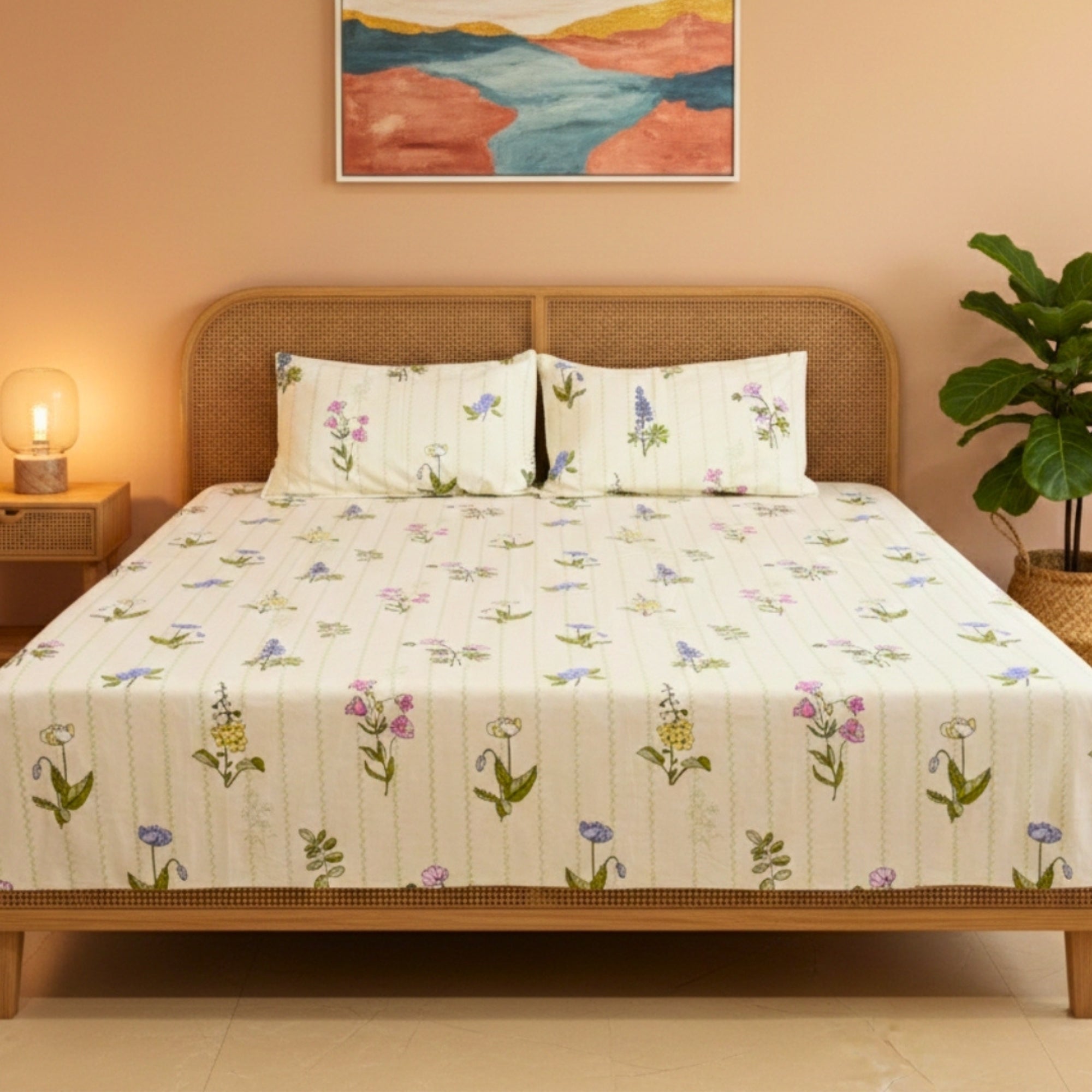 King Size Blended Cotton Bedsheet Multicolor Floral Print, Soft & Breathable Double BedSheet.