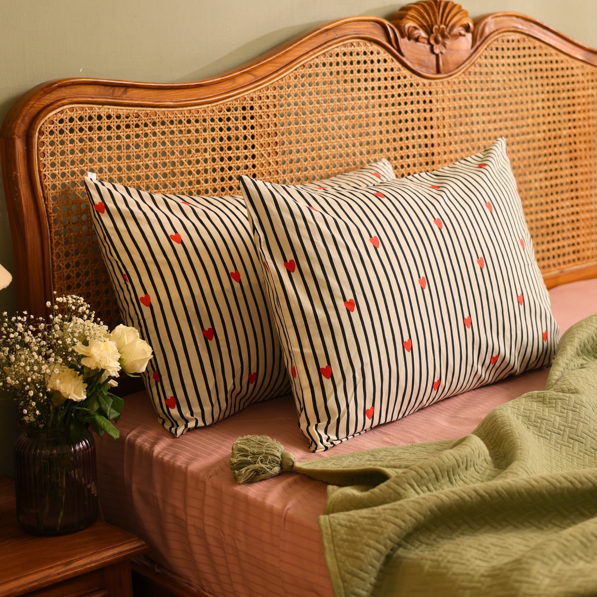 Striped Red Heart Printed Cotton Pillow Cover