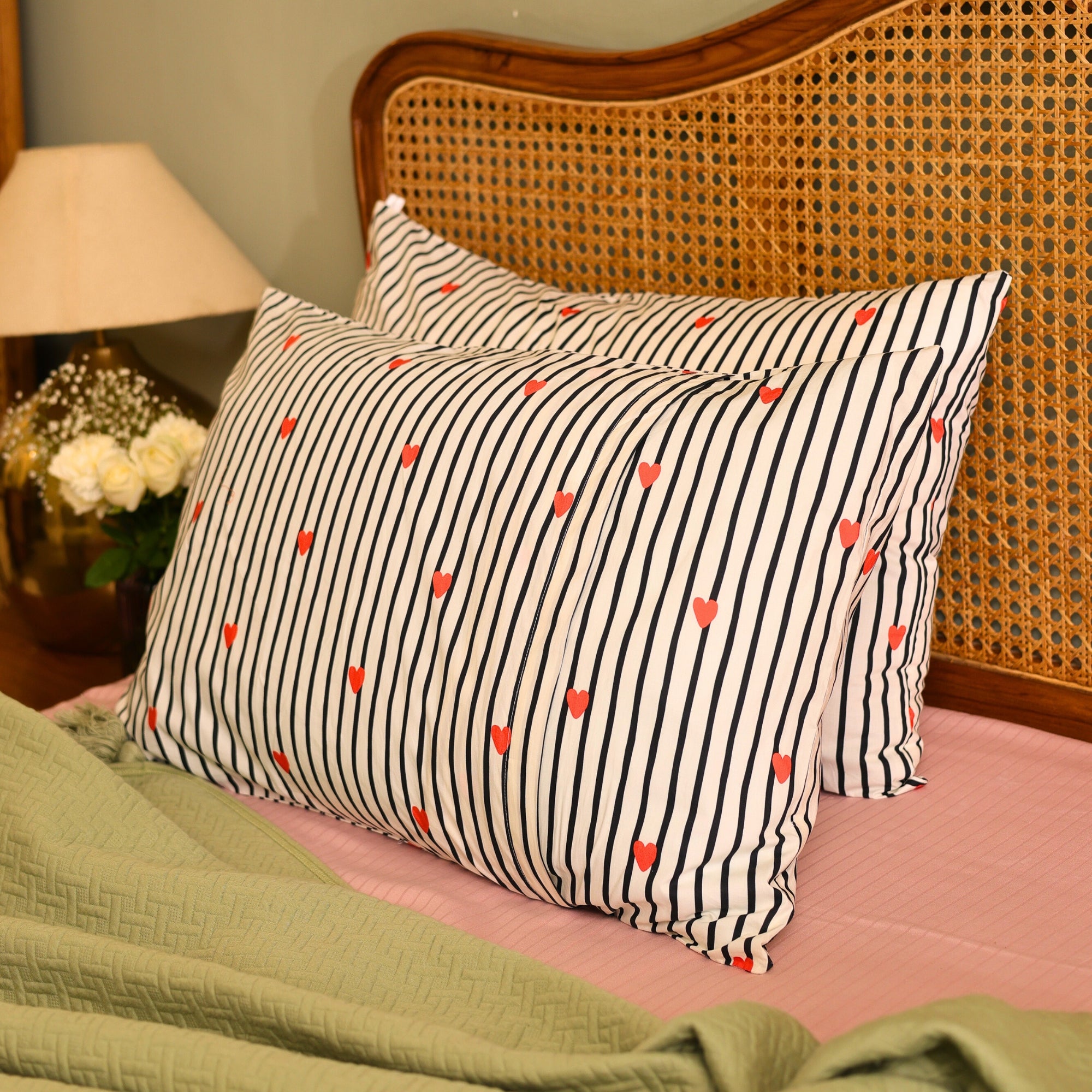 Striped Red Heart Printed Cotton Pillow Cover