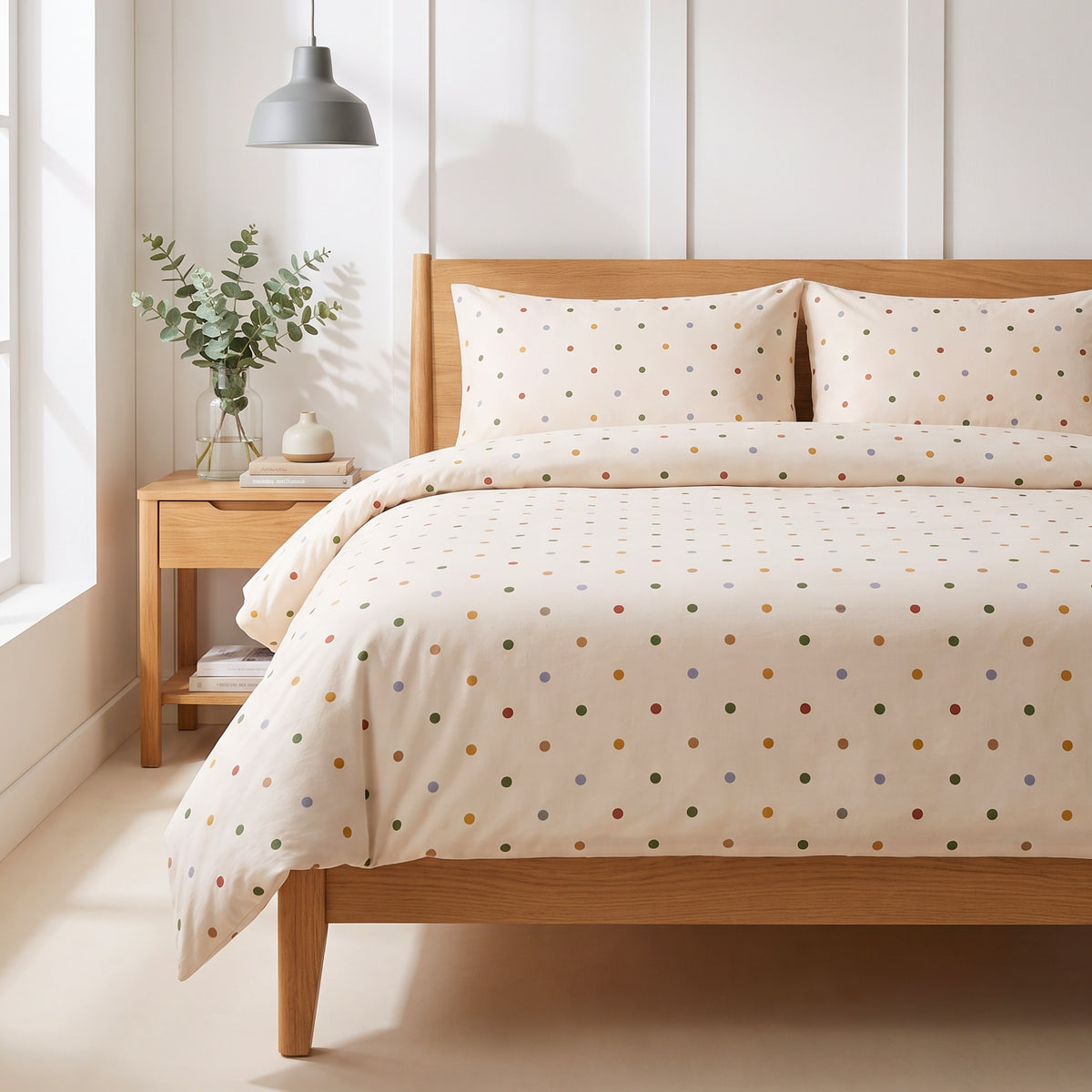 Multicolour Polka Dots 280 TC Cotton Bedsheet With Duvet Cover and 4 Pillows Covers