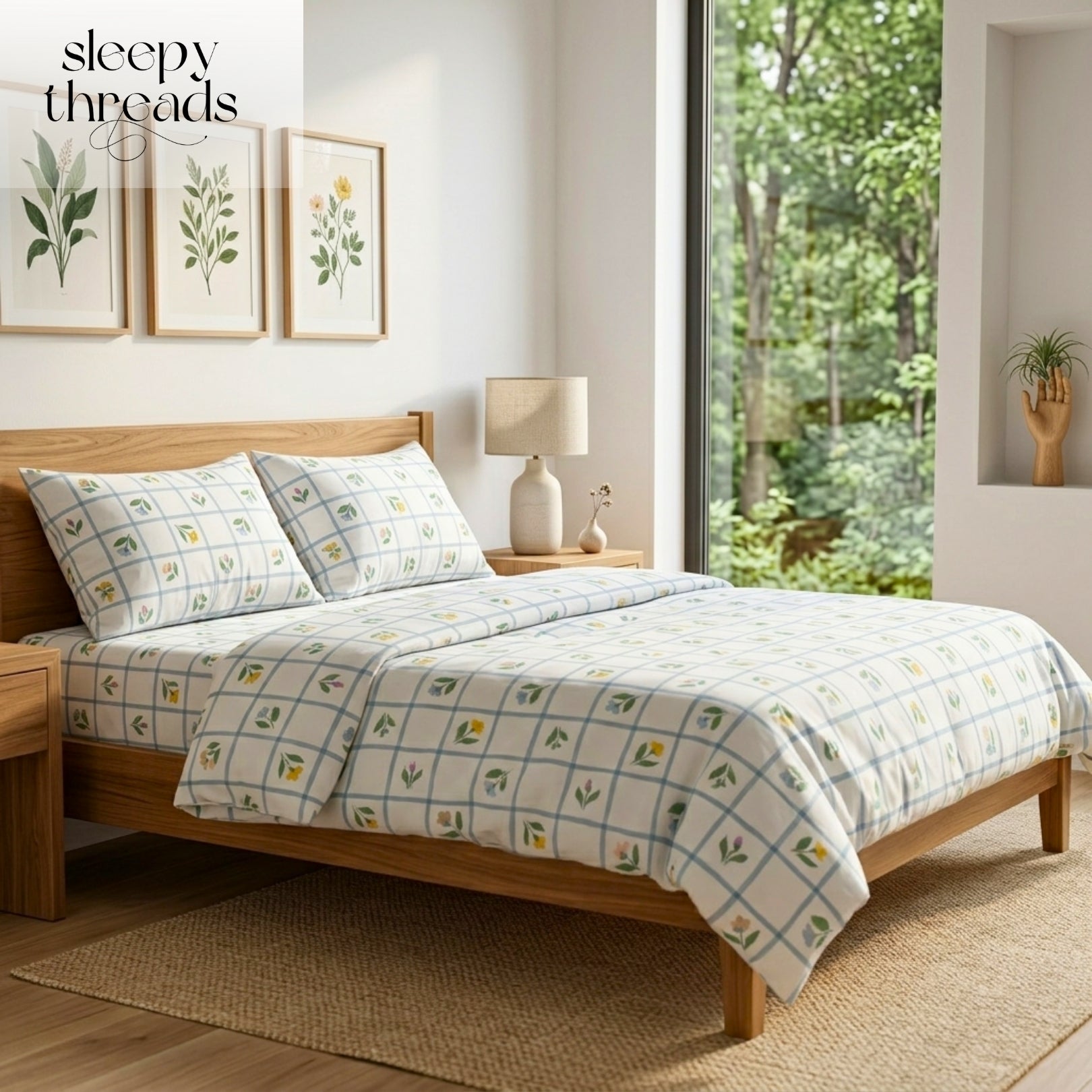 Sage Green & White Grid Pattern with Dainty Floral Screen Print – Soft, Breathable Flat Sheet
