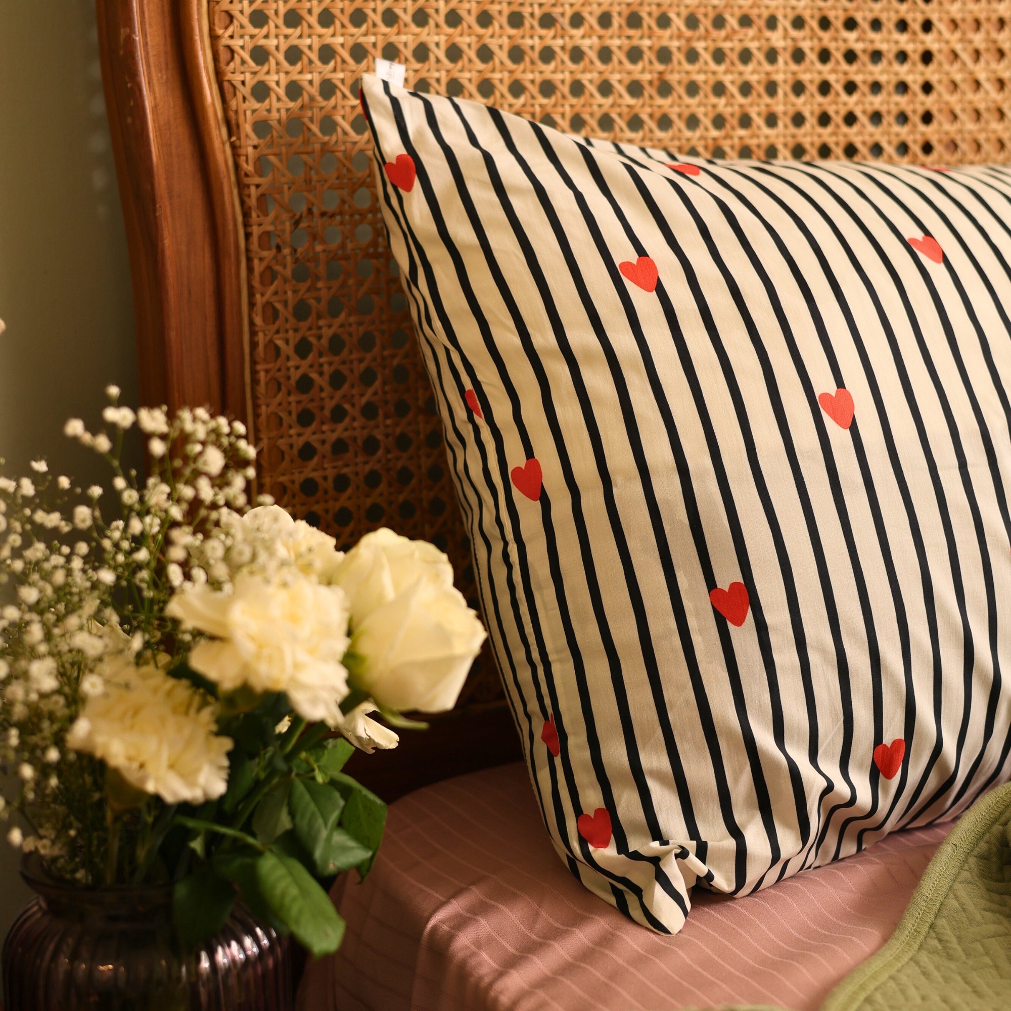 Striped Red Heart Printed Cotton Pillow Cover