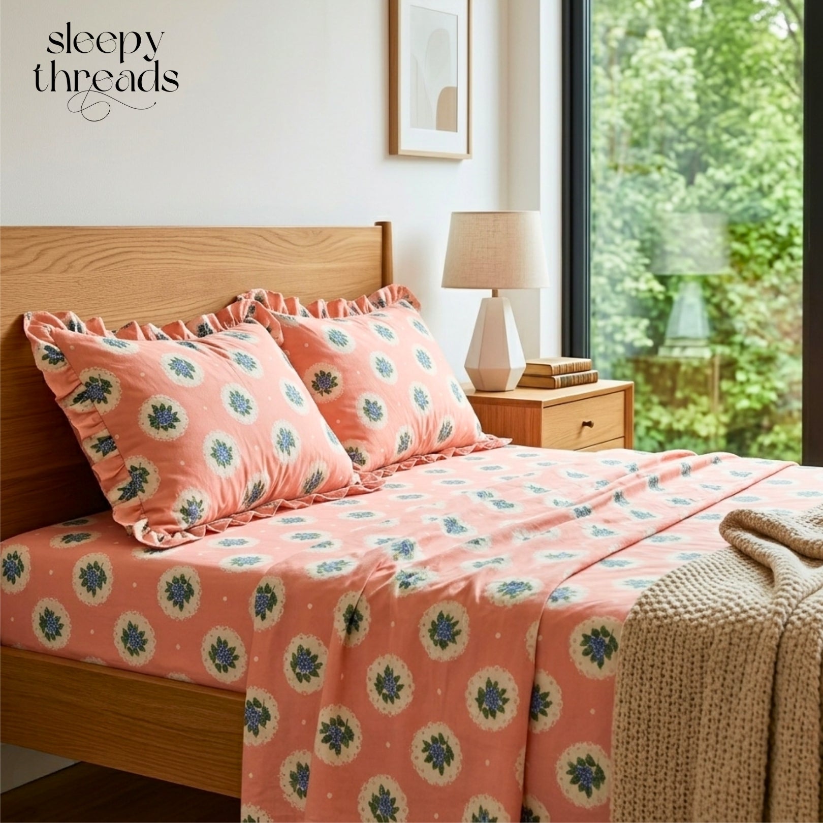 Blush Pink & White Floral Medallion Pattern – Soft, Breathable Screen Printed Flat Sheet.