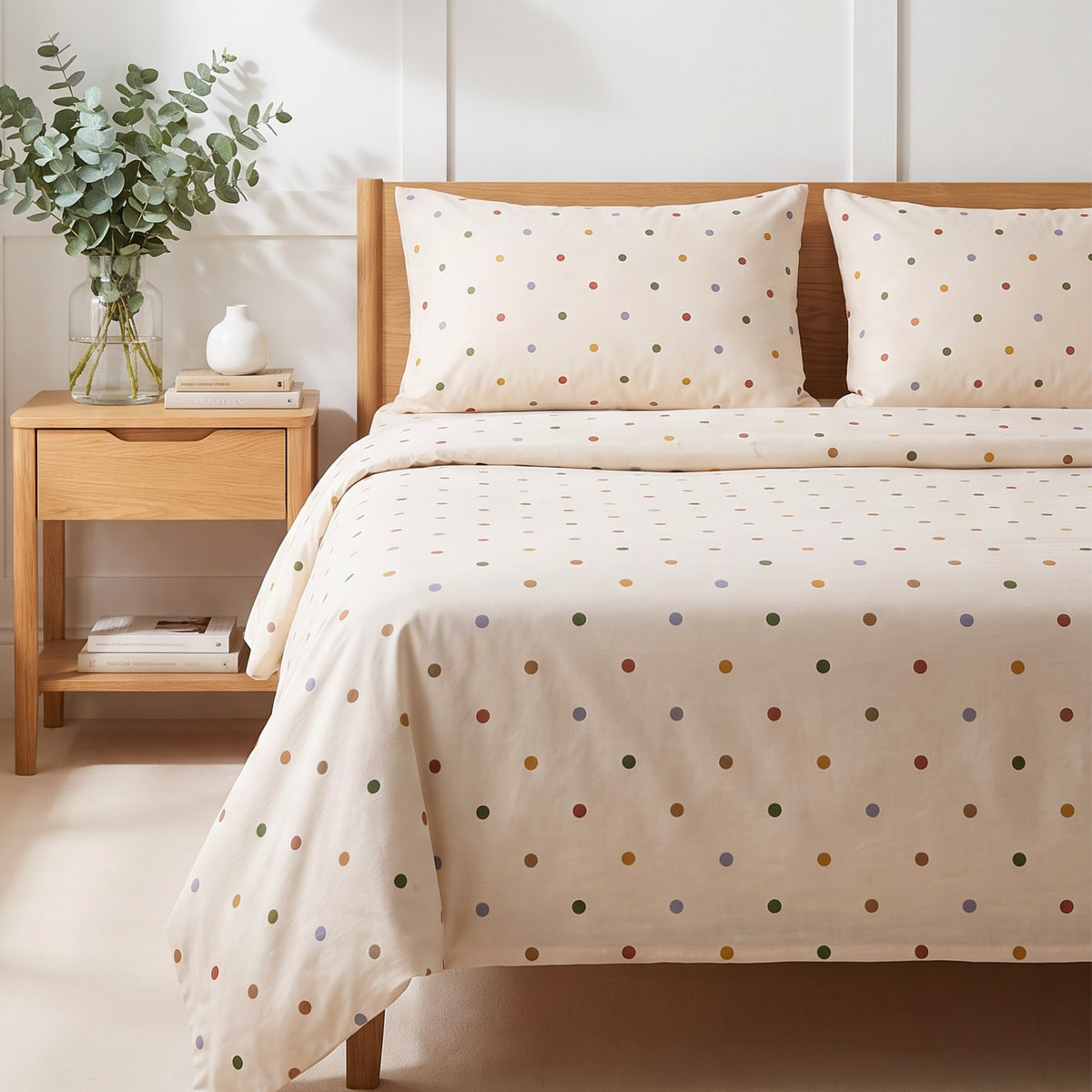 Multicolour Polka Dots 280 TC Cotton Bedsheet With Duvet Cover and 4 Pillows Covers