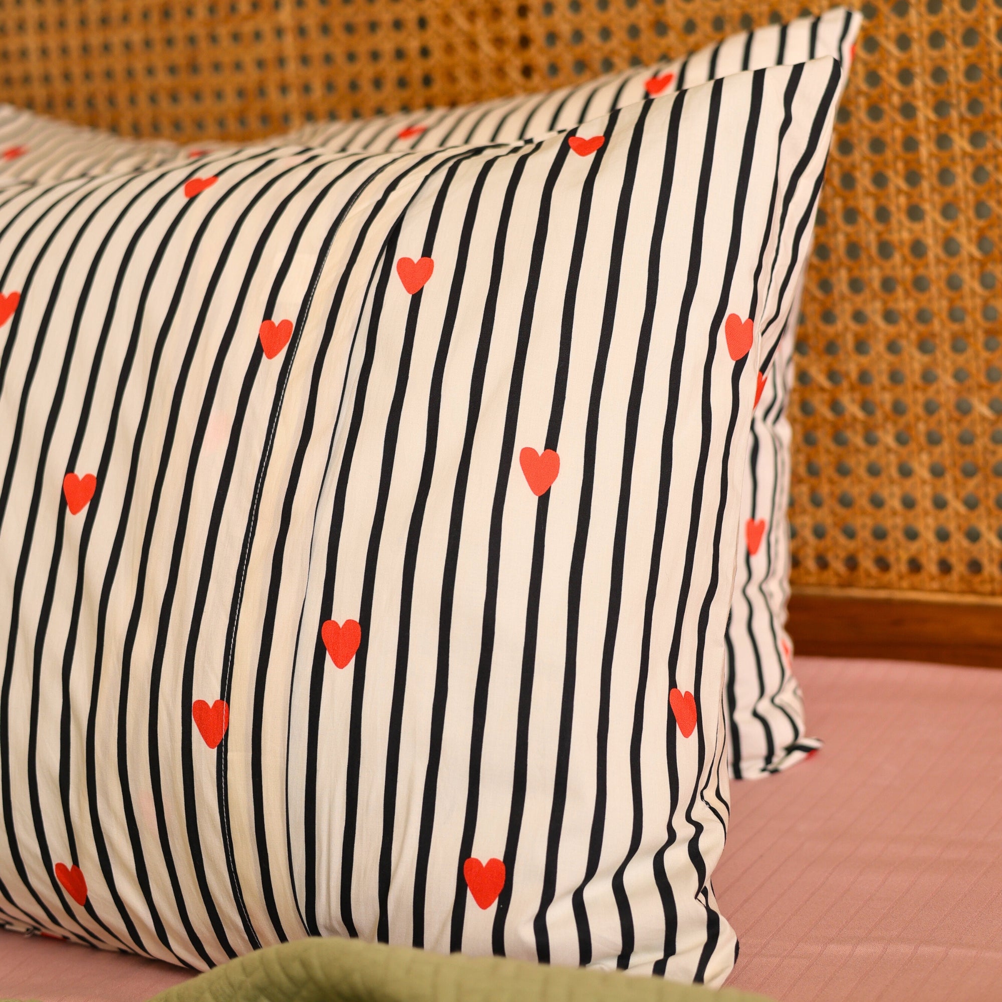 Striped Red Heart Printed Cotton Pillow Cover