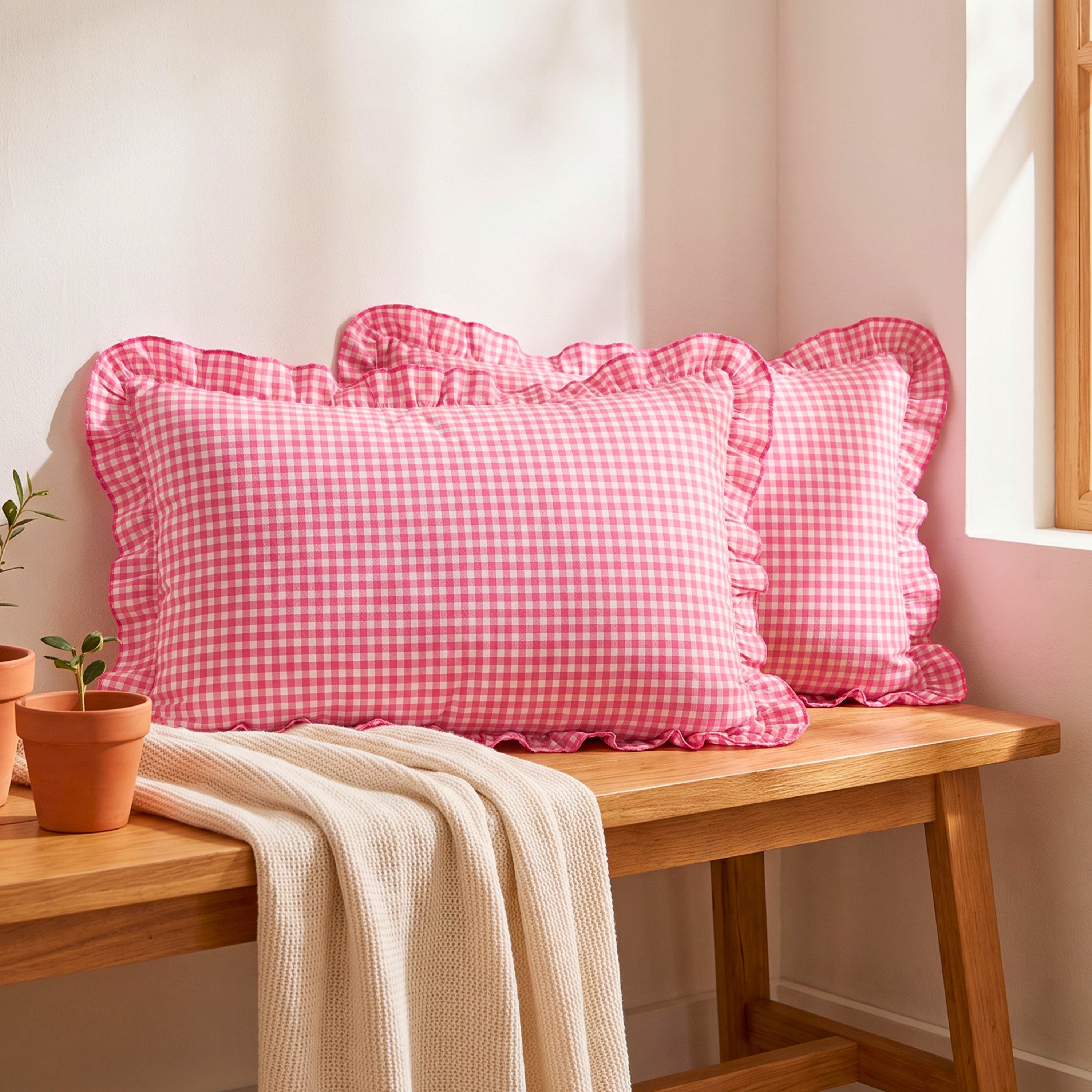 PURE COTTON RUFFLED PINK CHECKERED PILLOW COVER
