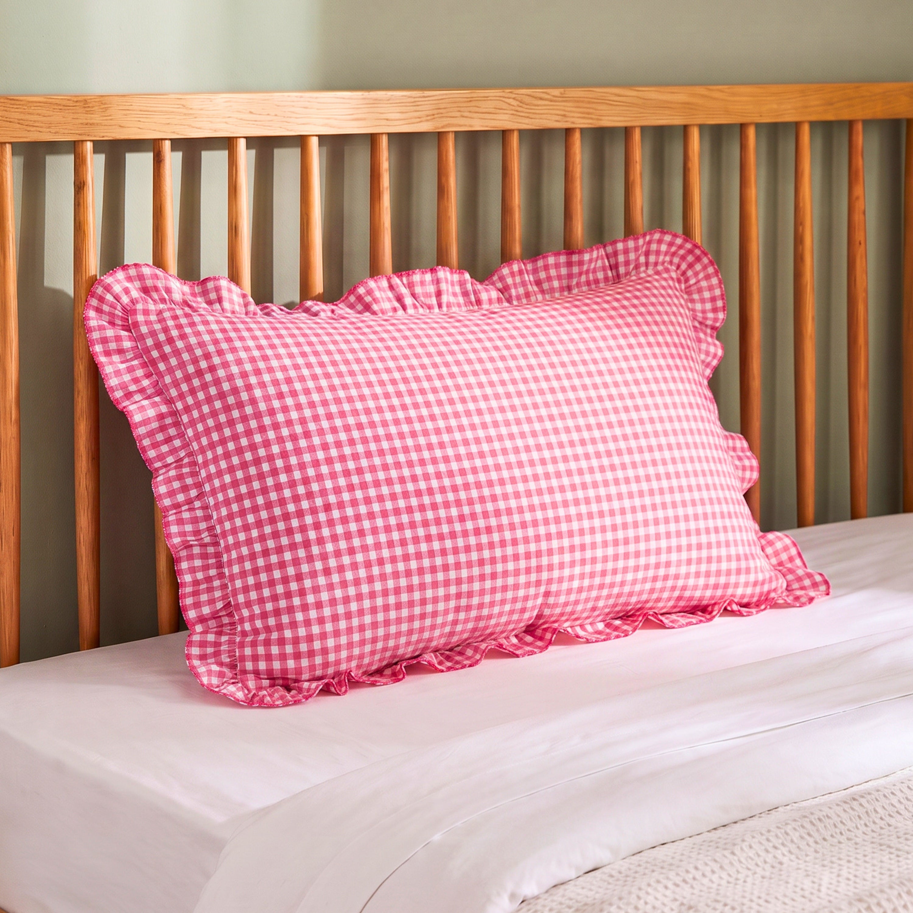 PURE COTTON RUFFLED PINK CHECKERED PILLOW COVER
