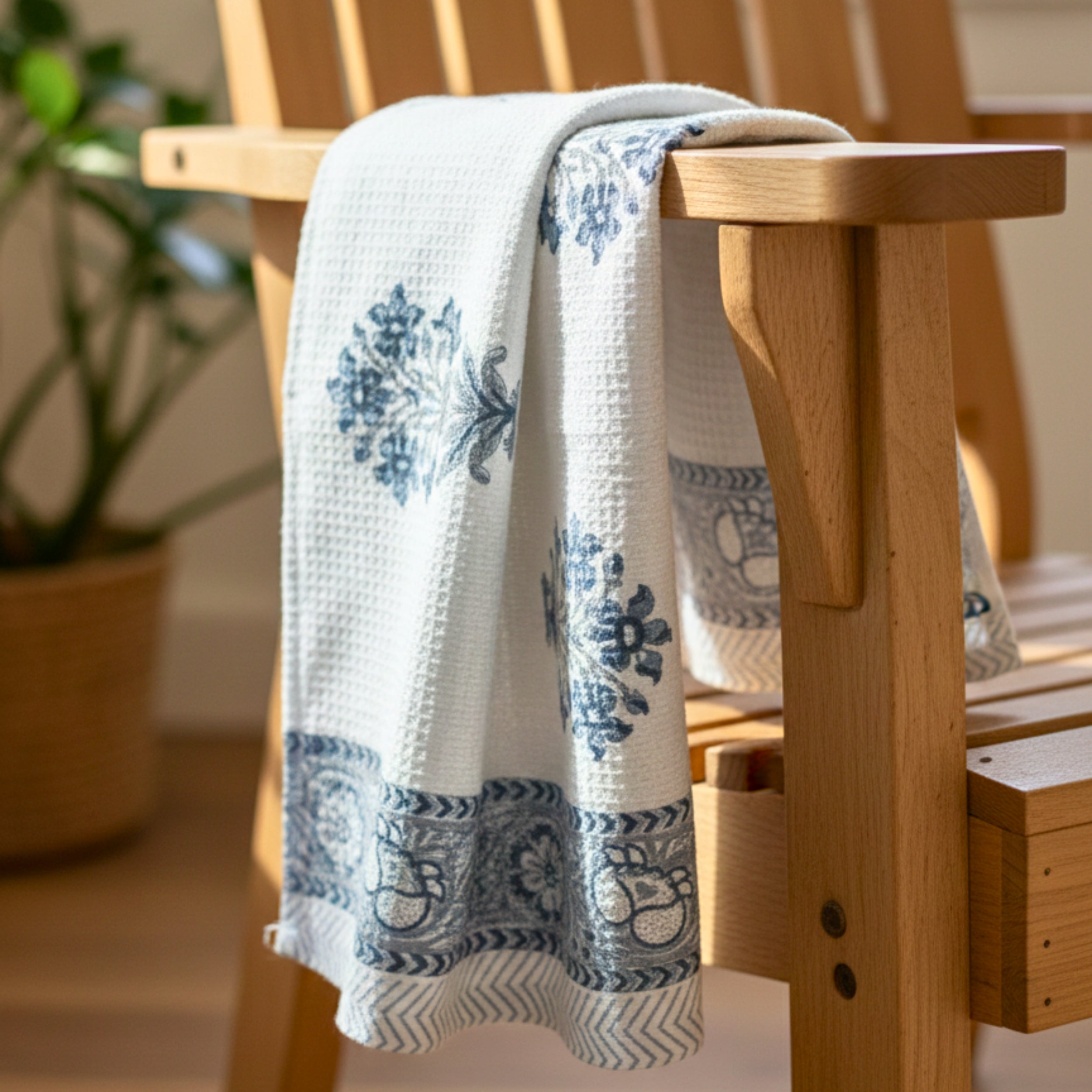 Waffle Weave Cotton Bath Towel | Hand Block Printed Black & White Floral Motif | Super Absorbent, Soft & Quick Dry Bath