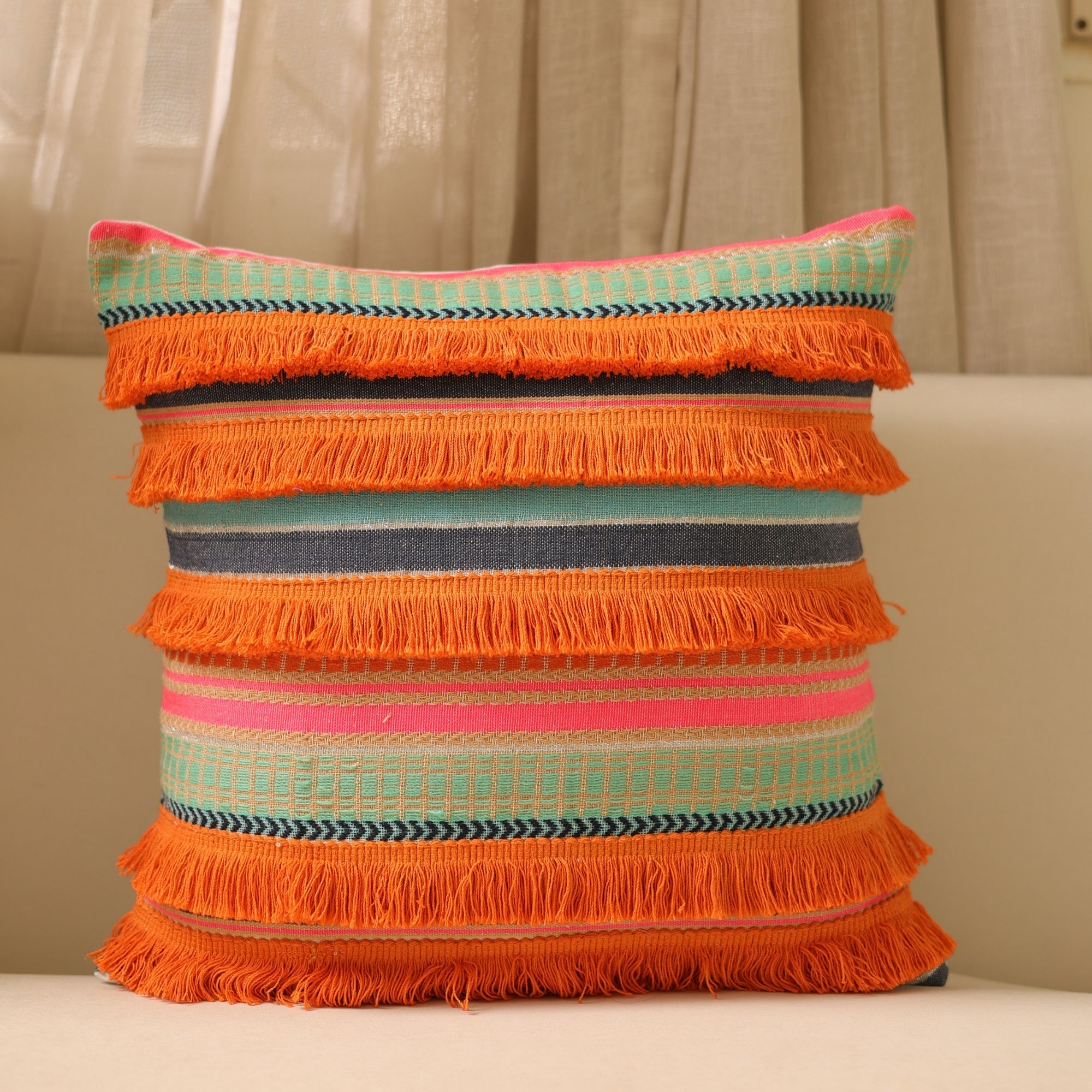 Earthy Multicolor Fringe Cushion Cover