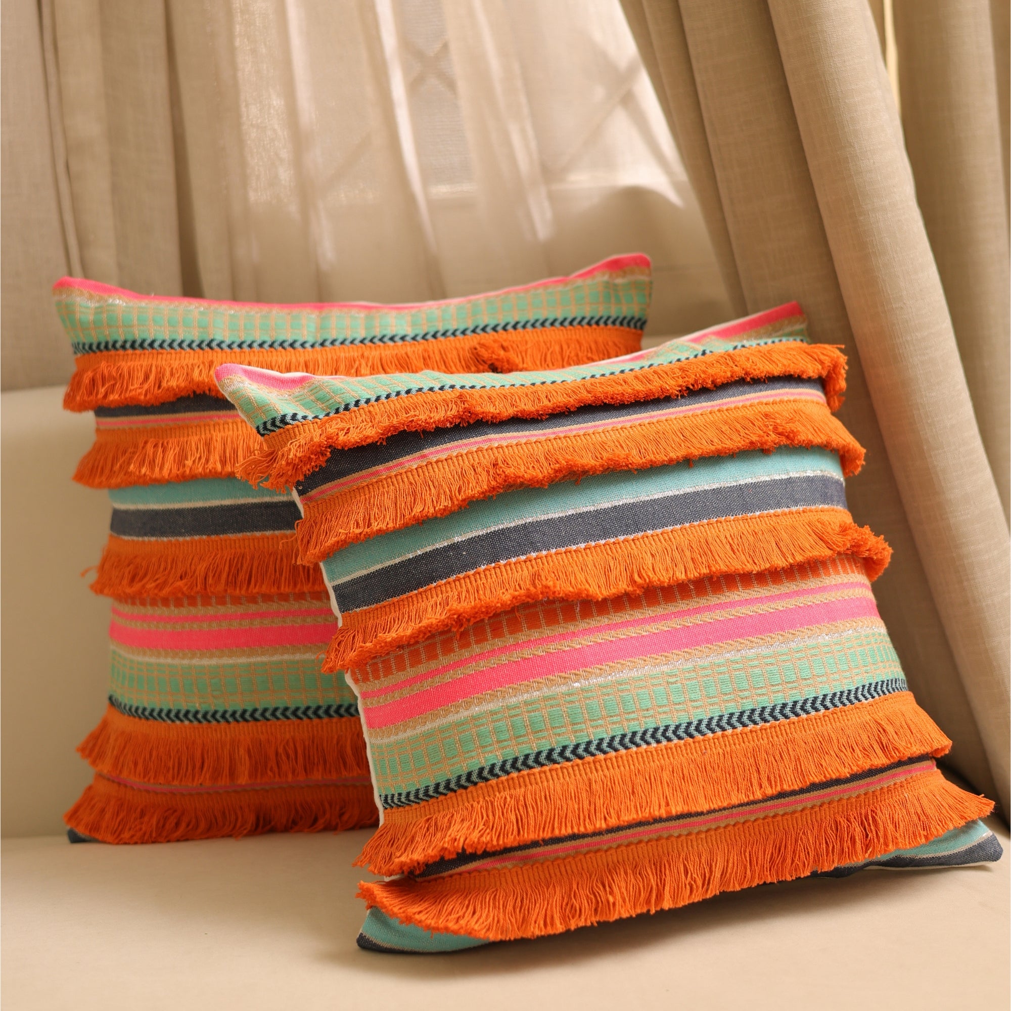 Earthy Multicolor Fringe Cushion Cover