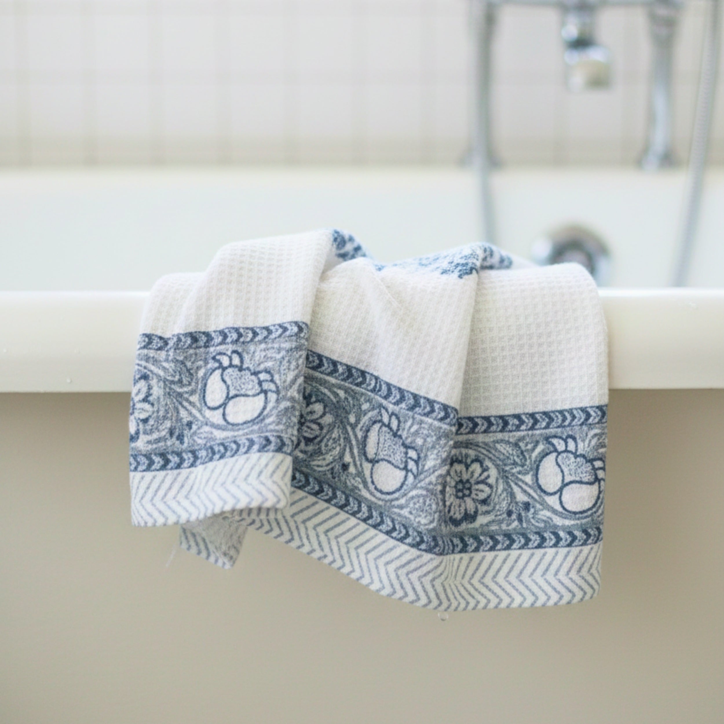Waffle Weave Cotton Bath Towel | Hand Block Printed Black & White Floral Motif | Super Absorbent, Soft & Quick Dry Bath