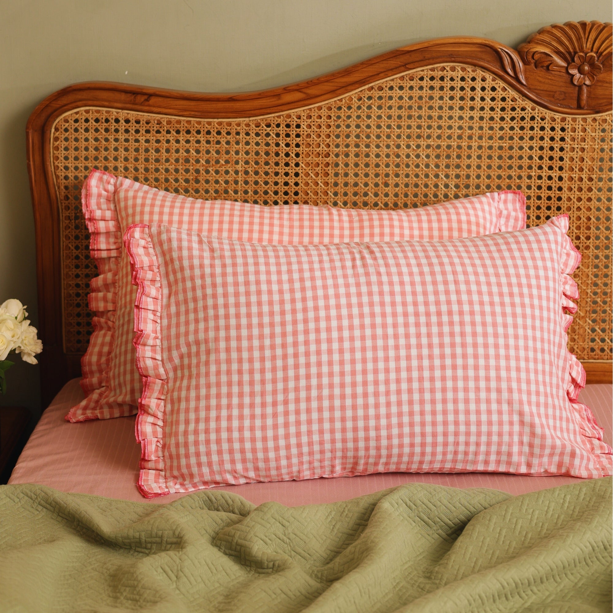 Peach Gingham Ruffle Pillow Cover