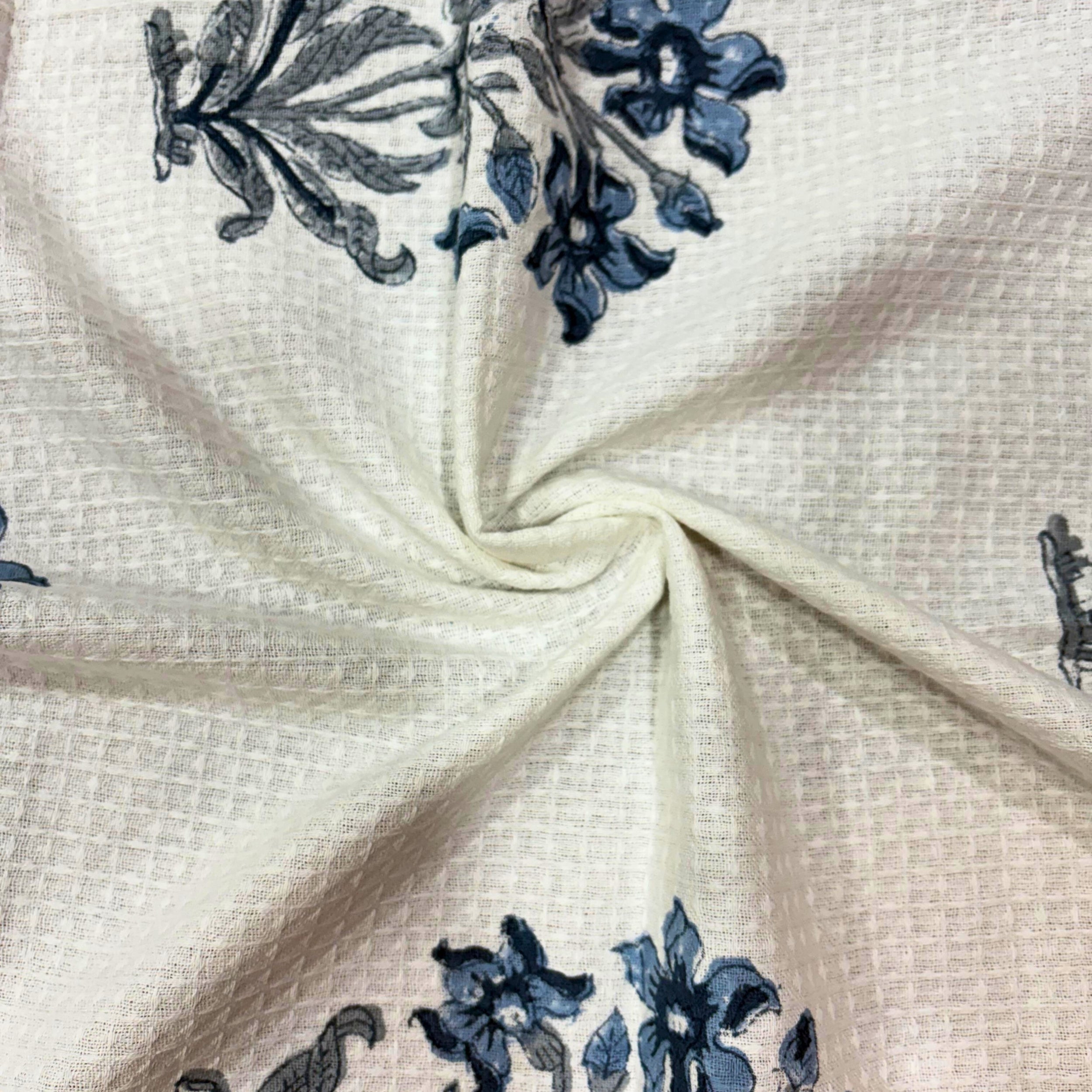 Waffle Weave Cotton Bath Towel | Hand Block Printed Black & White Floral Motif | Super Absorbent, Soft & Quick Dry Bath