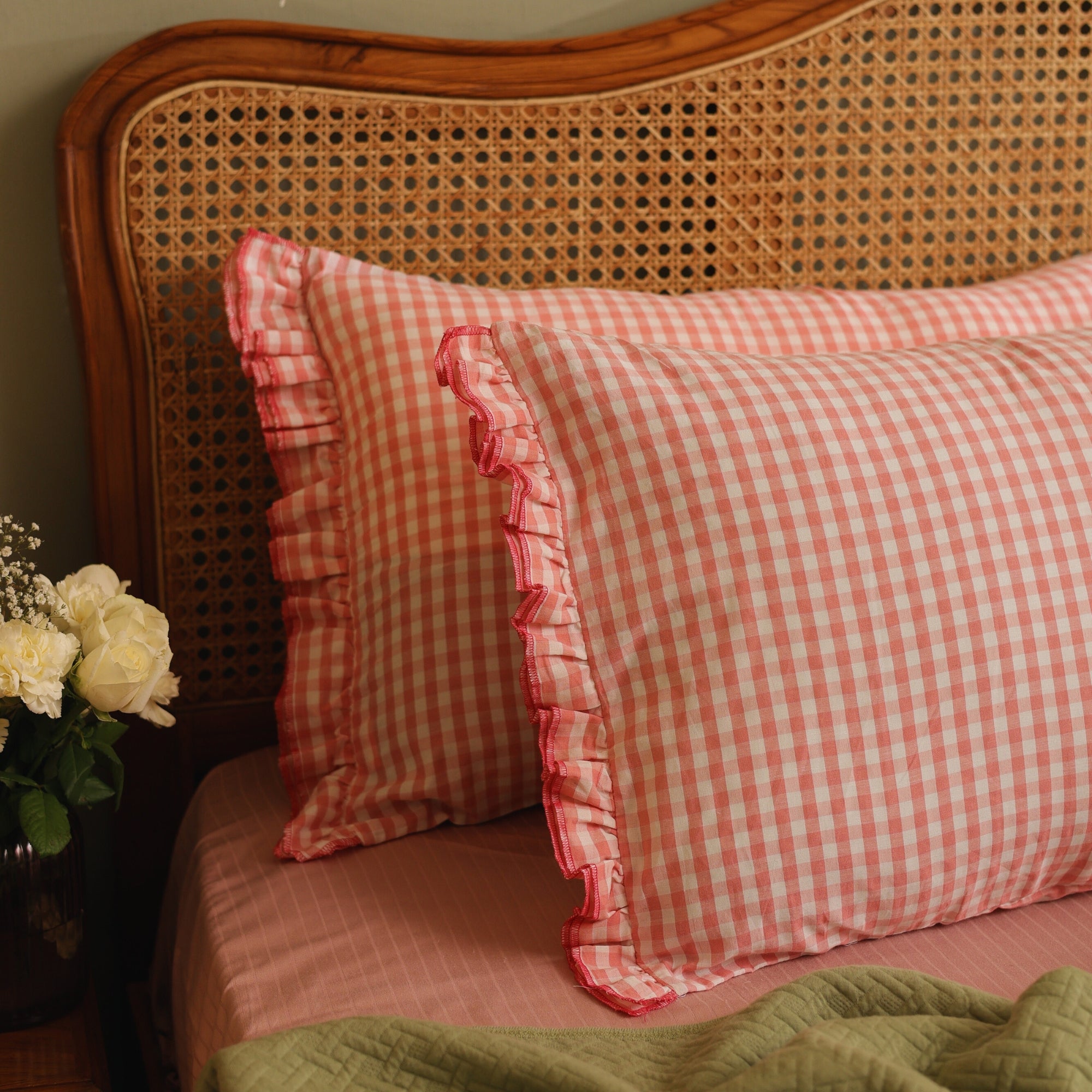 Peach Gingham Ruffle Pillow Cover